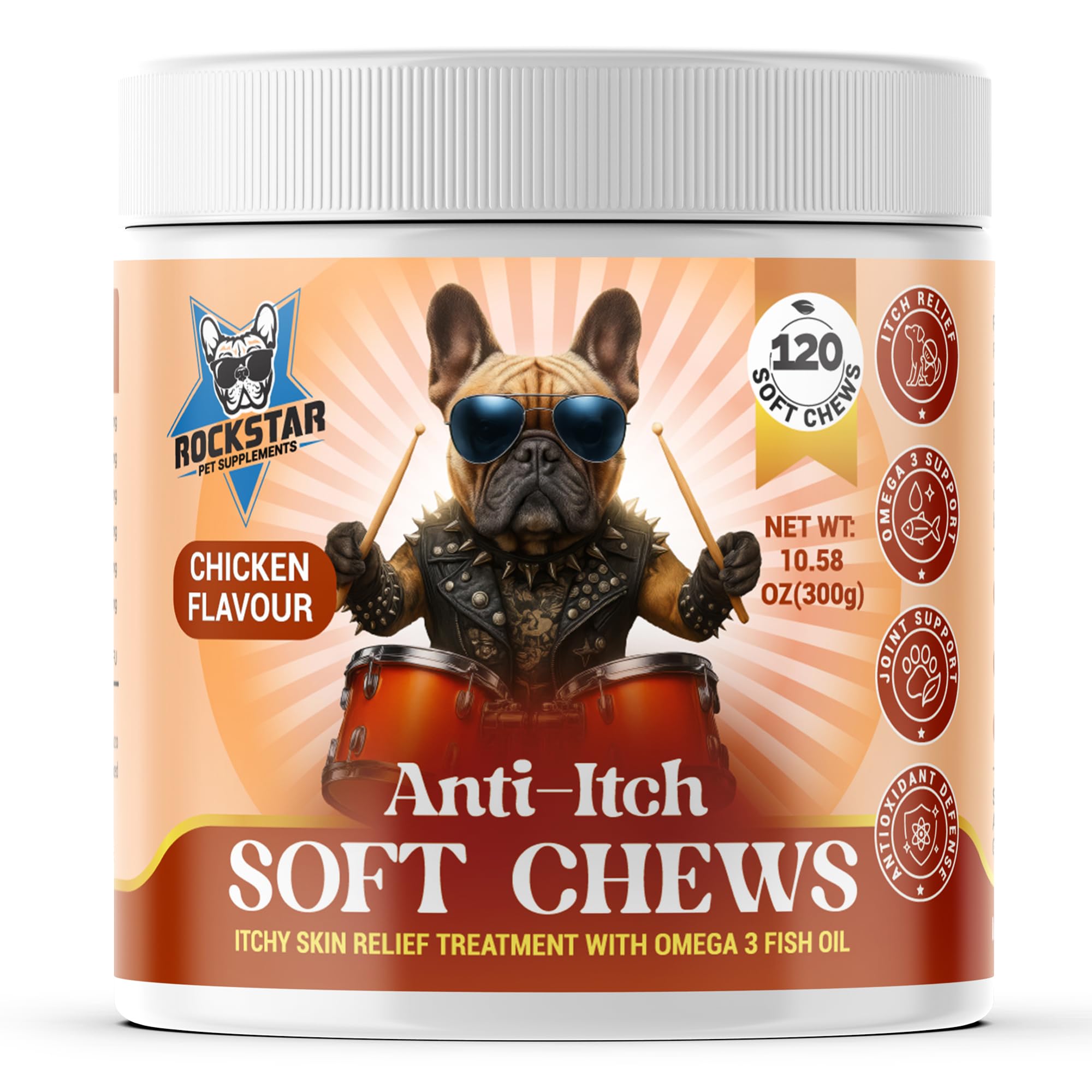 TEMU Rockstar Pet Supplements Anti-itch Soft Chews For Dogs | Chicken Flavour | Soothe Itchy Paws, Eyes, Ears, Skin - Stop Itching, Licking,