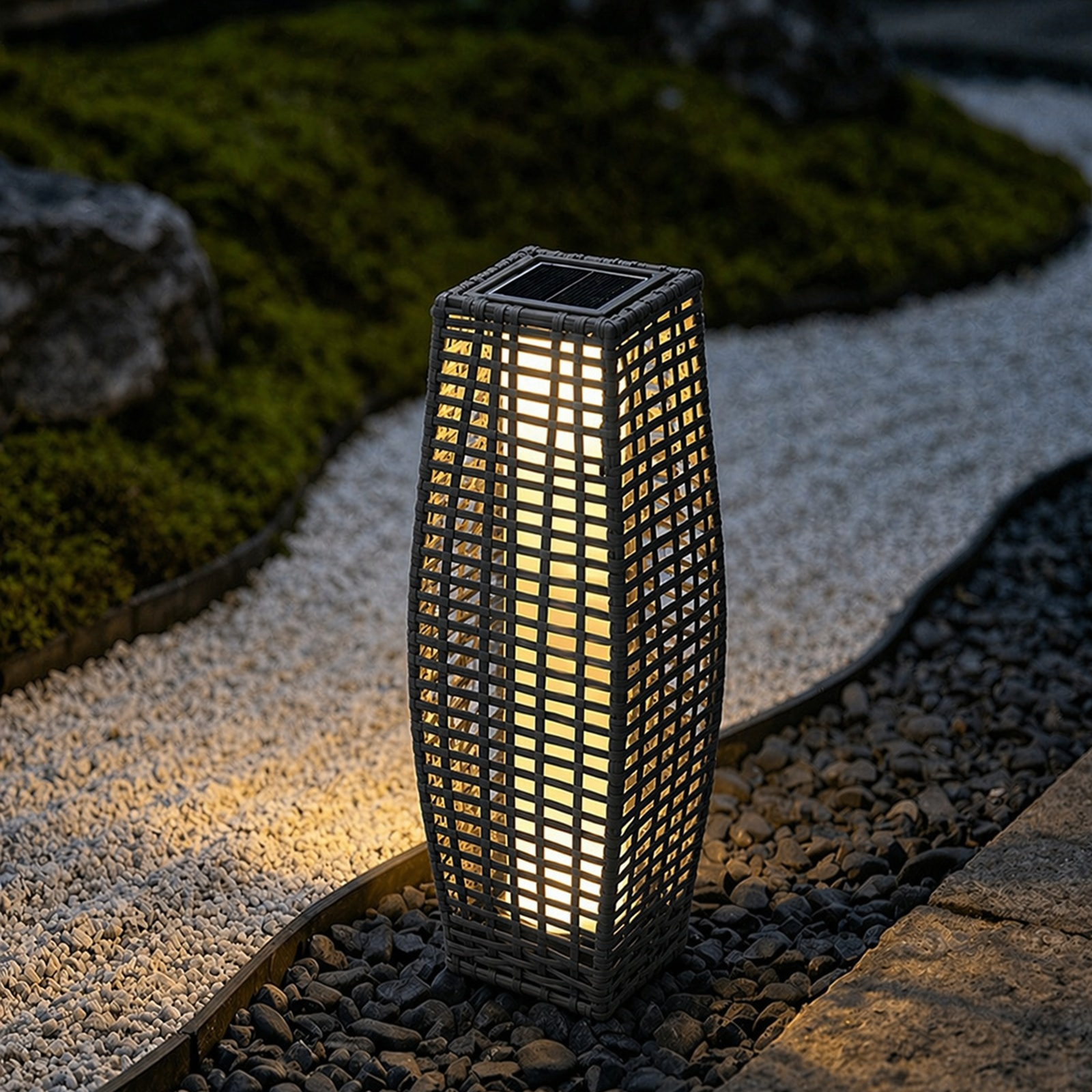 TEMU Solar Lantern Led Light Grey Wicker Outdoor Path Lamp Ip44 Patio