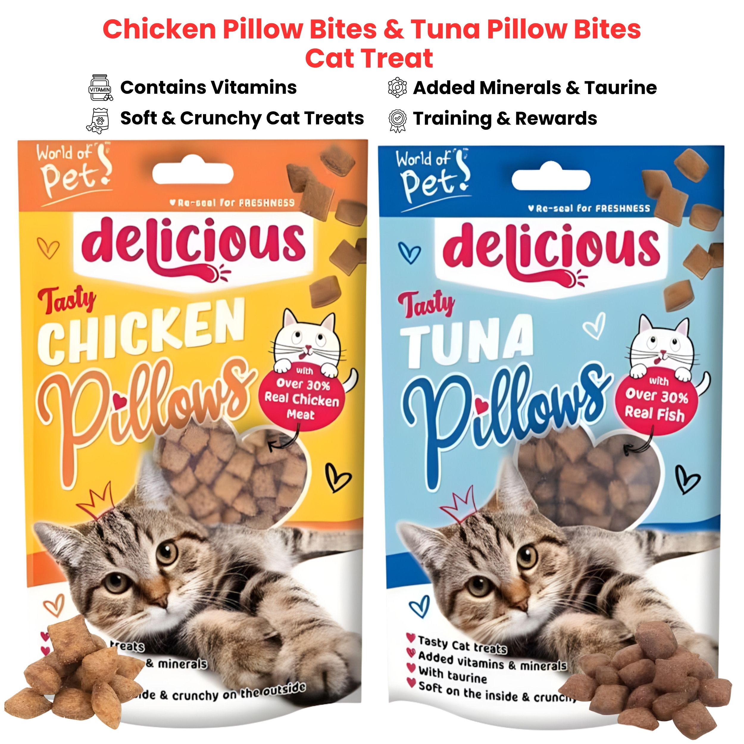 TEMU 2-pack Cat Treats Pillow Bites – Tuna & Chicken Flavor Crunchy Outside Soft Inside Snack