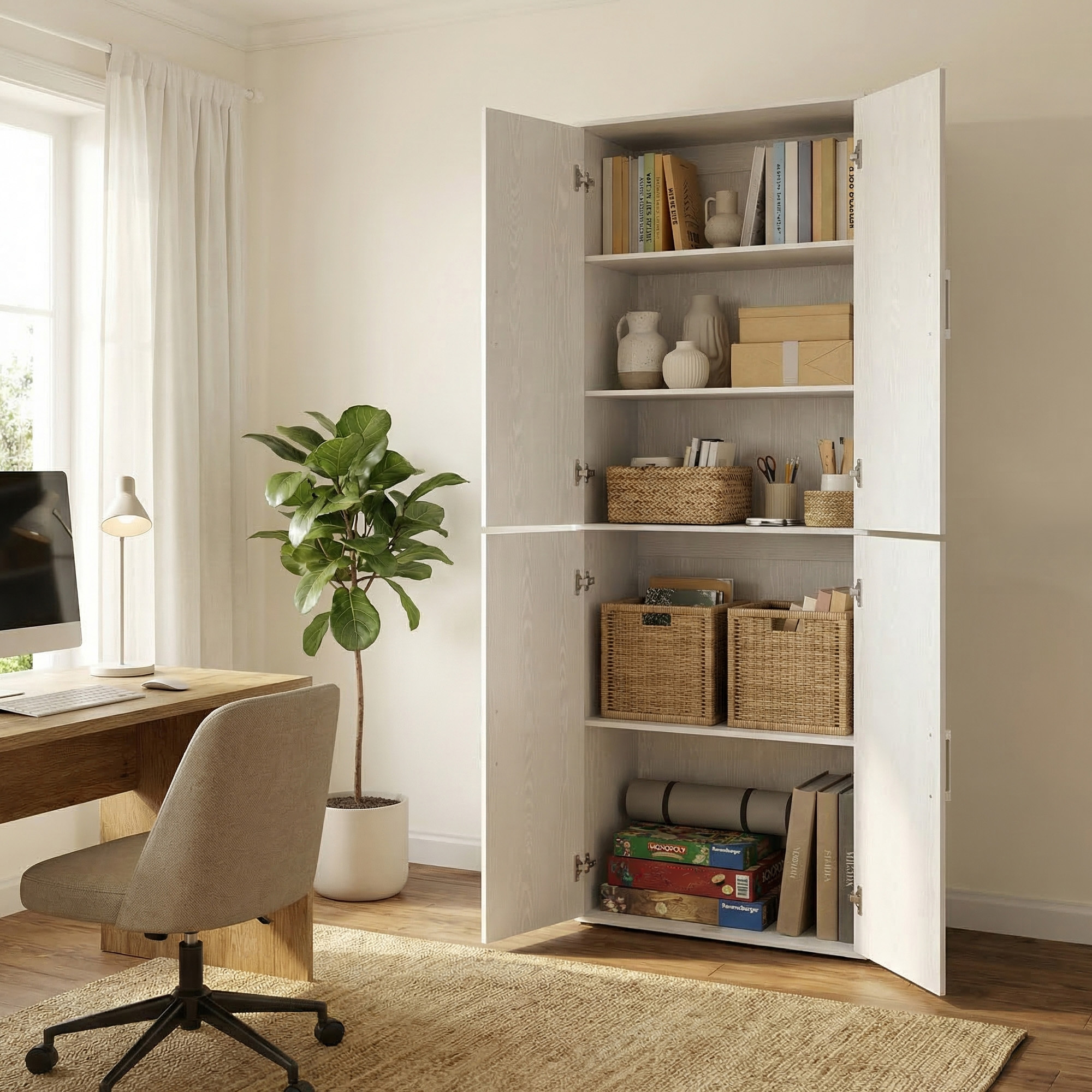 4-door File Cabinet, Storage Cabinet, Wardrobe With 5 Shelves, For Office, Particle Board, With Handles, 60 X 40 X 180 Cm, White