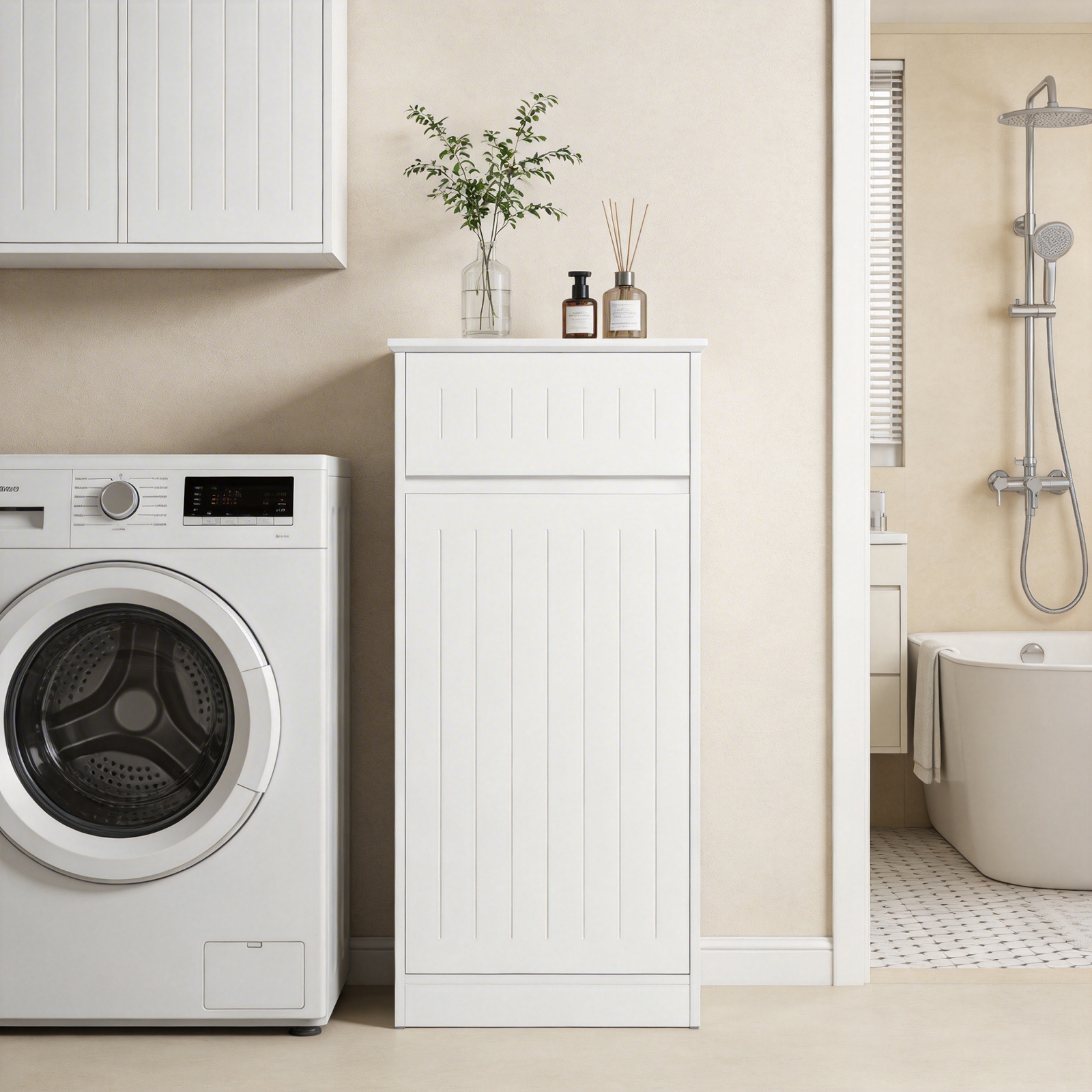 Image of Bathroom Cabinet Laundry Basket Cabinet With Drawer Compact Bathroom Storage Solution For Small Rooms Wooden Storage Cabinet For Bathroom Washroom White 40x90x38cm - Cas221-x