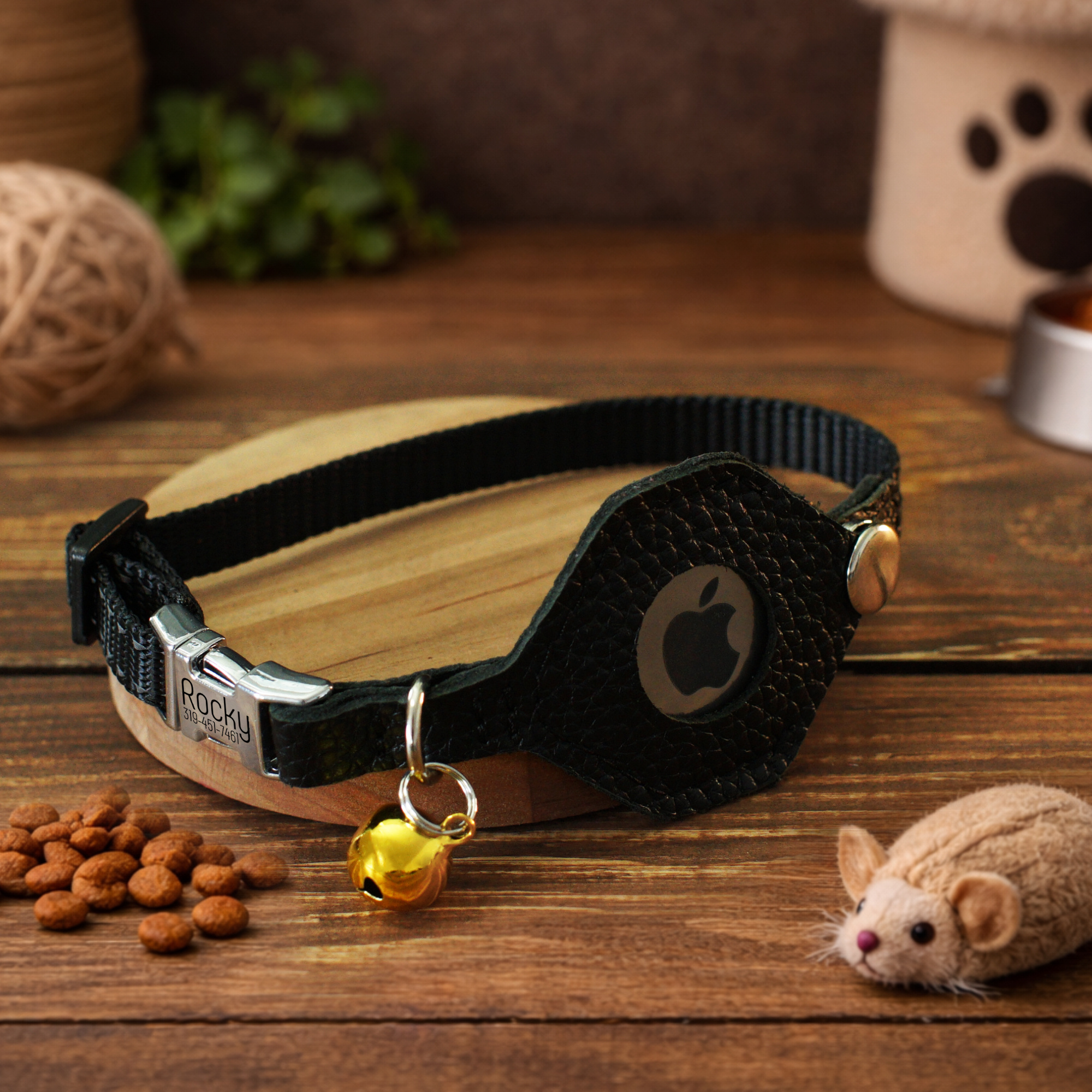 Image of Personalized Reflective Leather Holder For Airtag Cat Collar - Custom Name Engraved Night Safety Gps Tracking Pet Collar - 22- Adjustable Case For Airtag - Premium Full Grain Leather