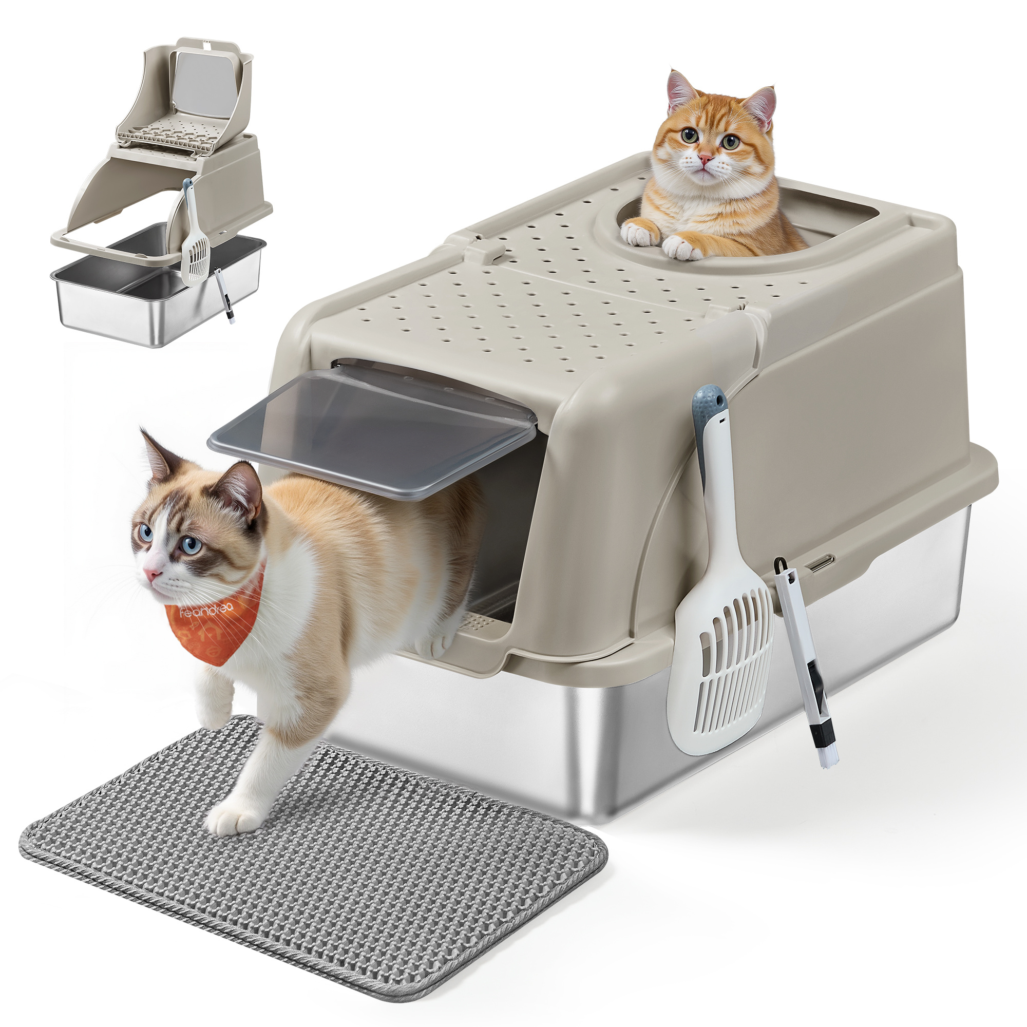 TEMU Stainless Steel Litter Box For Cats With Lid, Xl Anti-leak Litter Box, Scoop, Brush, Double Entry, For Cats Up To 15 Kg