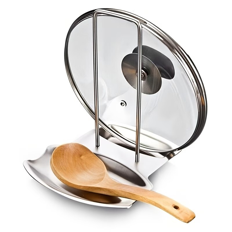 TEMU Stainless Steel Pot Lid Rack With Drain Tray | 410 Stainless Steel, No-drilling Required, Includes Detachable Spoon Rest For In Kitchen