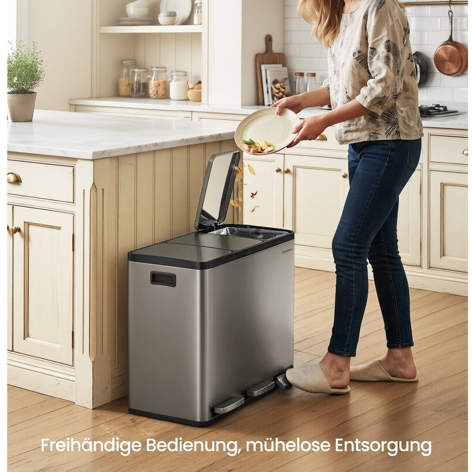 3-compartment Trash Can, 3 X 18l Step-on Garbage Bin With Lid, Kitchen, Removable Inner Buckets