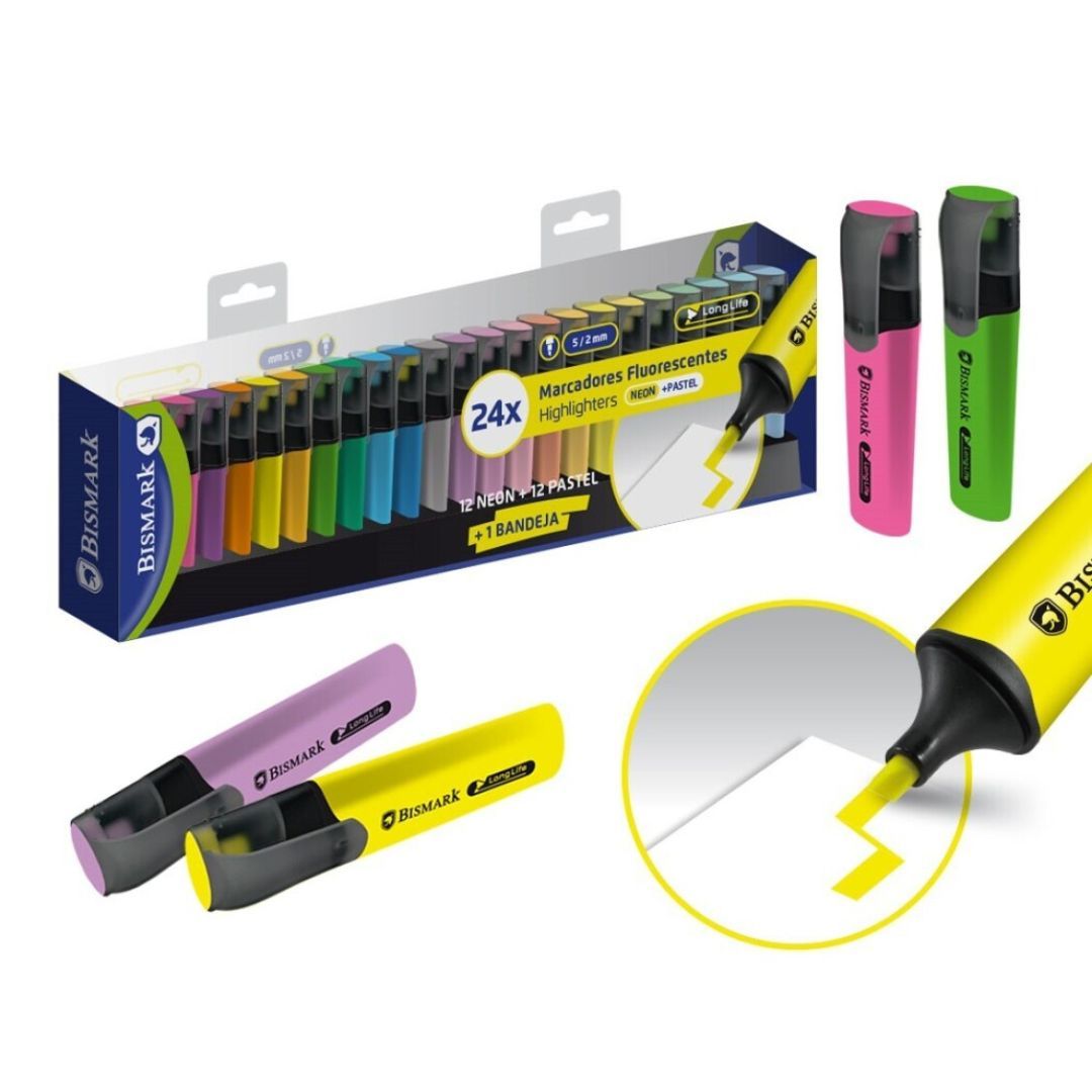 TEMU Set de 24 Subrayadores y Marcadores Fluorescentes Long Life (Neón + Pastel), Punta Biselada 5 mm, Deskset Negro, Resaltadores para Oficina y