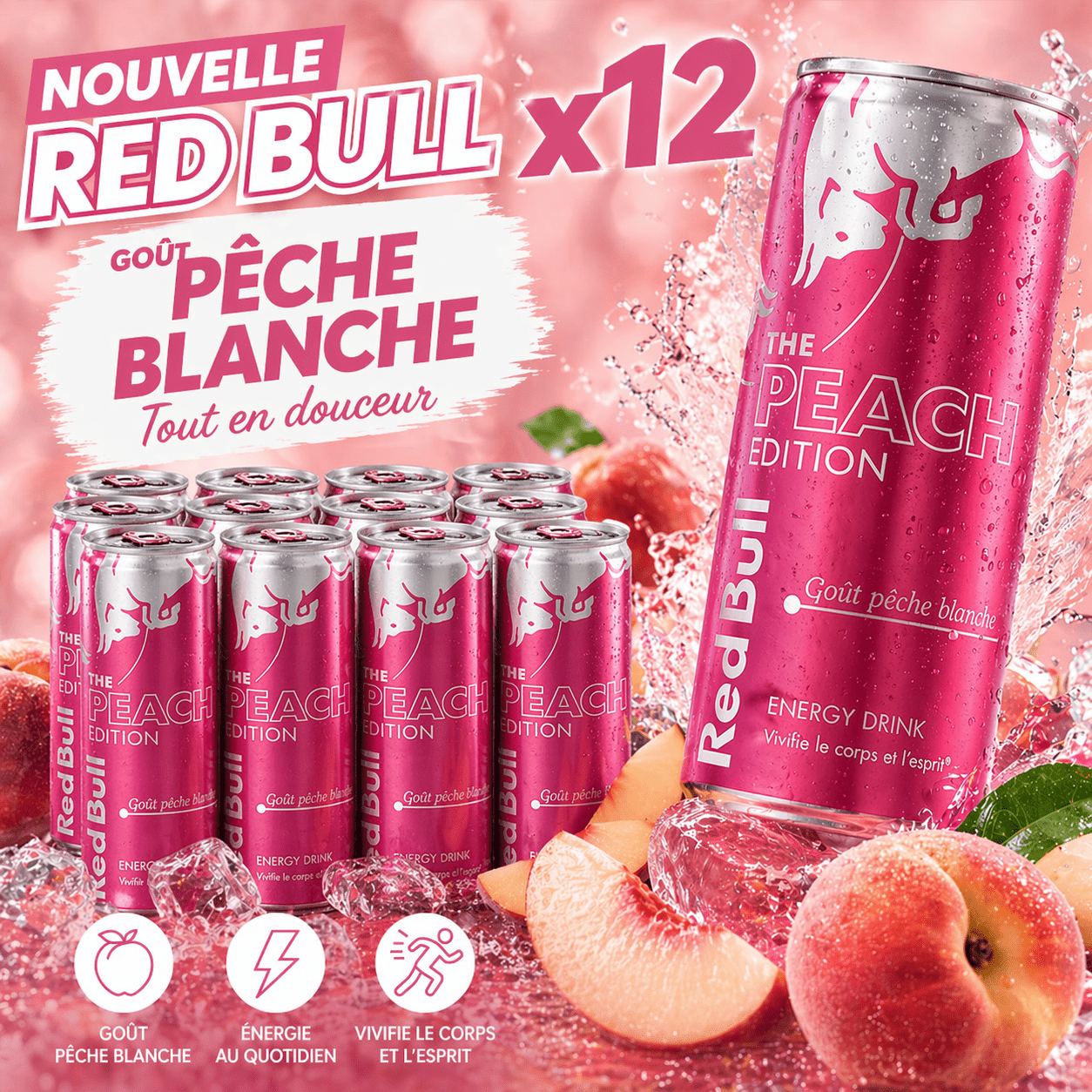 Image of Red Bull Peach Edition X12 – Pack Of 12 White Peach Flavor Energy Drink Cans