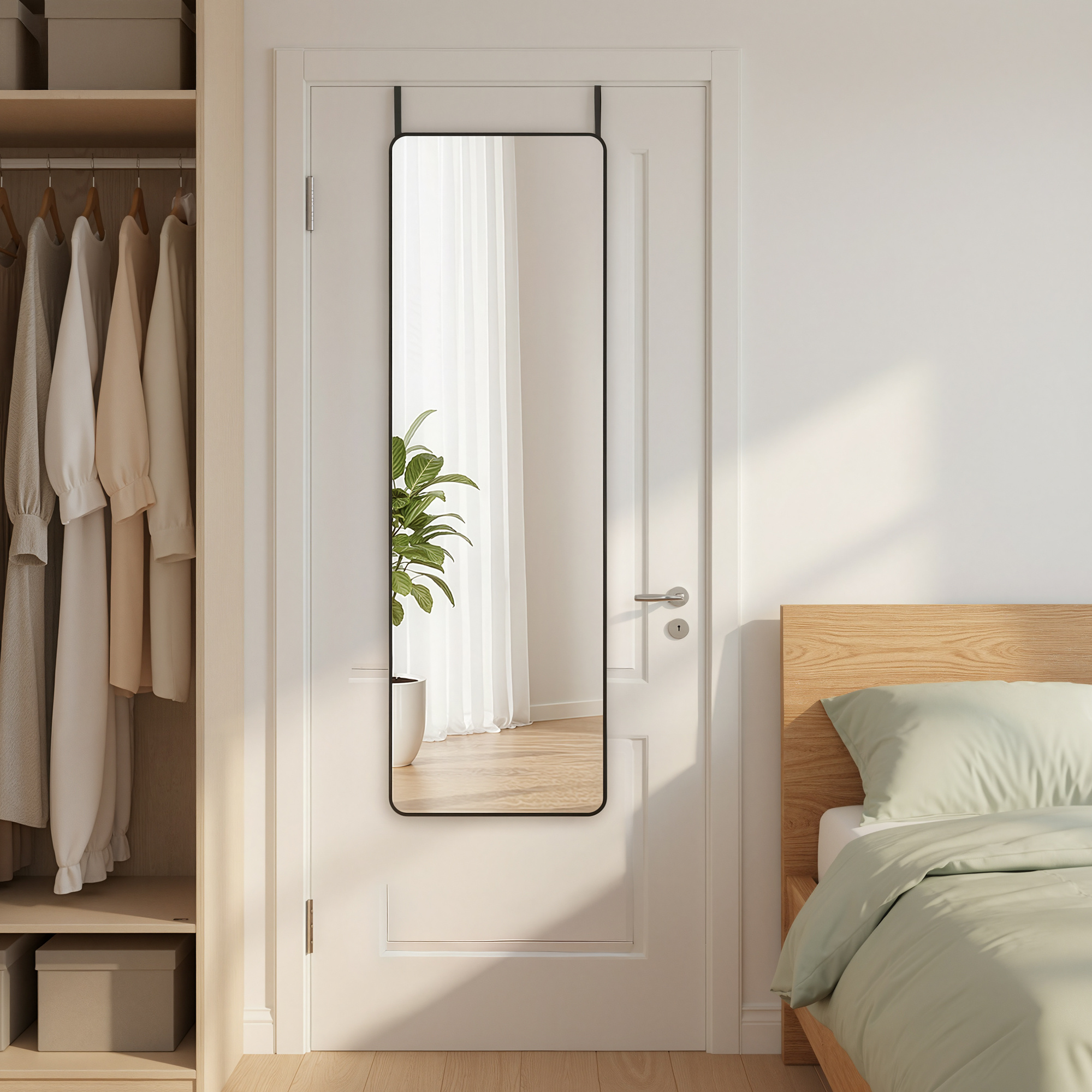 Image of Full-length Mirror 120x40 Cm, Rectangular Mirror For Wall Or Door Mounting, With Aluminum Alloy Frame, Safety Glass, For Bedroom, Living Room, Wardrobe, Ink Black