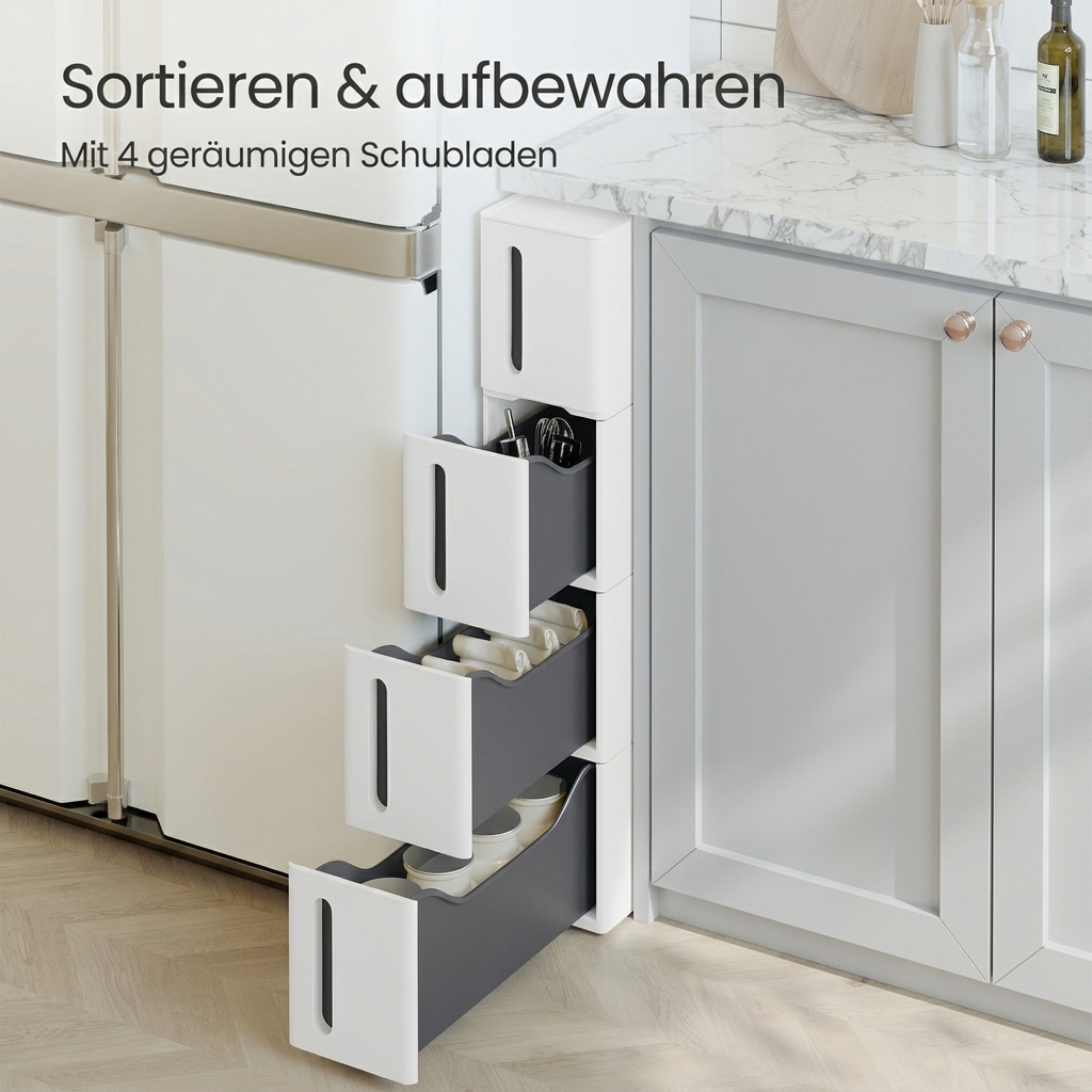 E-shop Nischenregal mit Rollen, Rollwagen mit 4 Schubladen,Küchenschränke, schmal, ausziehbar, Badregal, PP-Kunststoff, 45 x 17 x 83 cm,Geeignet für
