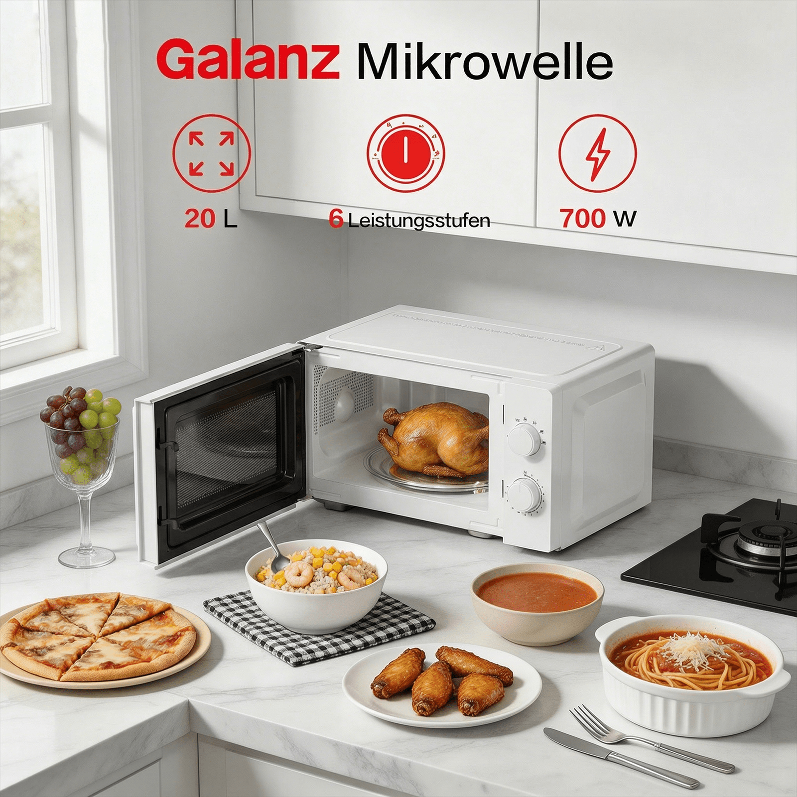Image of Galanz P4 Retro Microwave 20l, 700w, 6 Power Levels, Compact Microwave Oven, White & Black, Easy To Clean