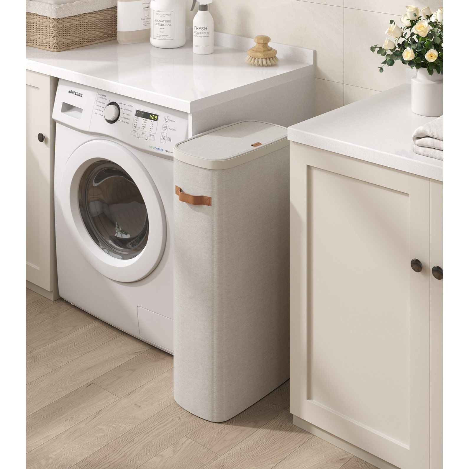 Laundry Basket, 65 L Laundry Collector, Laundry Bin With Lid And Handles, 39 X 22 X 75 Cm, Beige