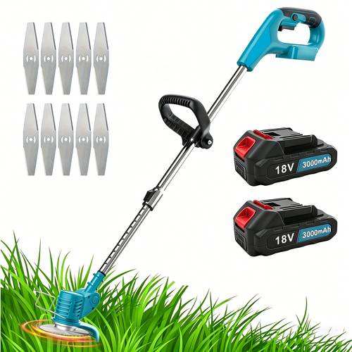 Artikelbild 18v akku-rasentrimmer | 2er-pack 3,0ah wiederaufladbare li-ion-akkus | 10 stk. zusätzliche ersatz-metallschneidmesser | verstellbarer teleskopstiel, zusatzhandgriff, leichter hand-freischneider und rasenkantenschneider für garten, hof, strauchbeschnitt