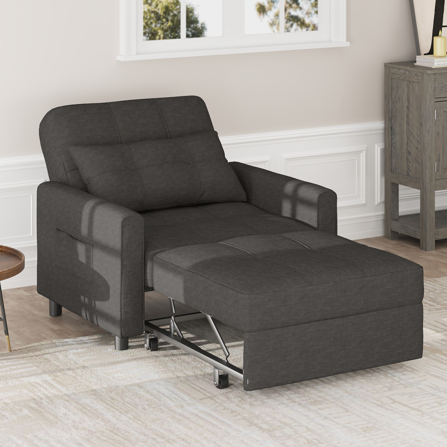 Image of Extendable Sleeper Chair With Reclining Function | Grey Linen Fabric | Armrests & Side Pocket | 150 Kg | 191x68x44 Cm | 22ar