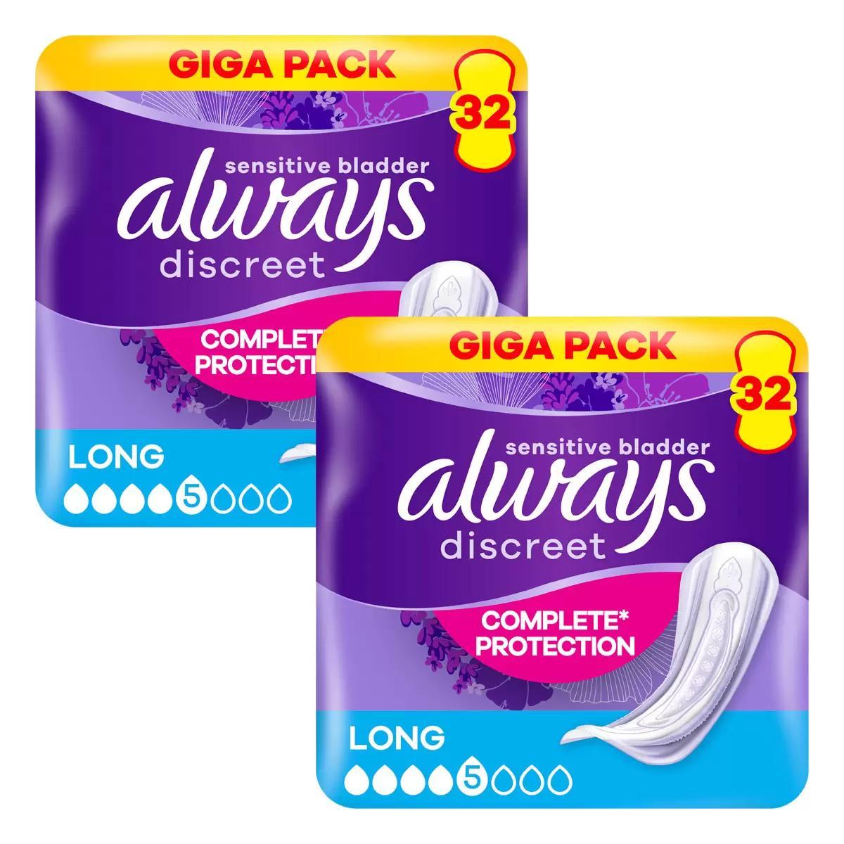 TEMU Always Discreet Long Incontinence Pads For Women, 64 Pack (2 X 32), Absorbency