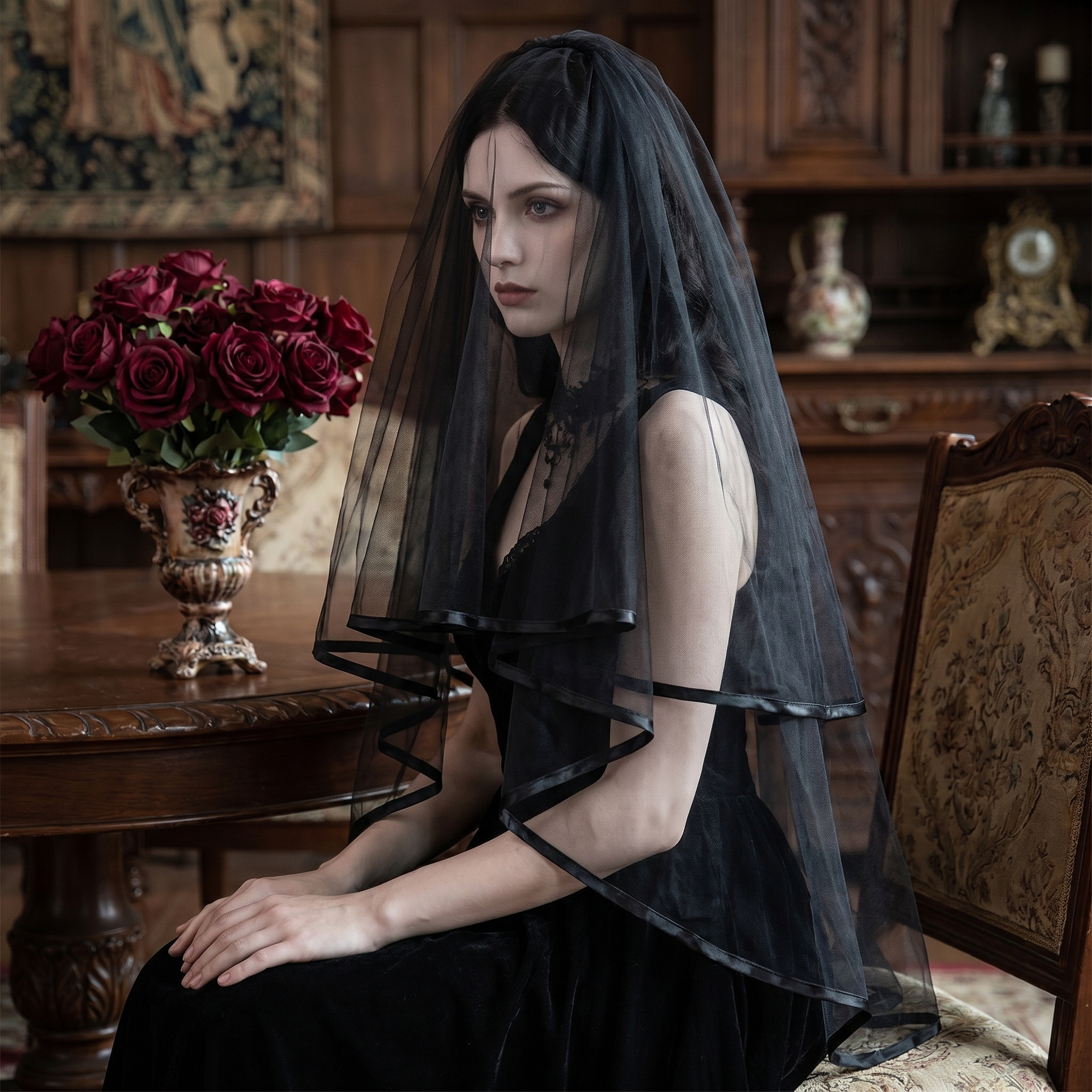 TEMU 2-pack Double Layer Halloween Veil – 60-80cm, Plastic/resin, Spooky Party Accessory For Costume, Gothic Wedding Or Themed Events (black Options)