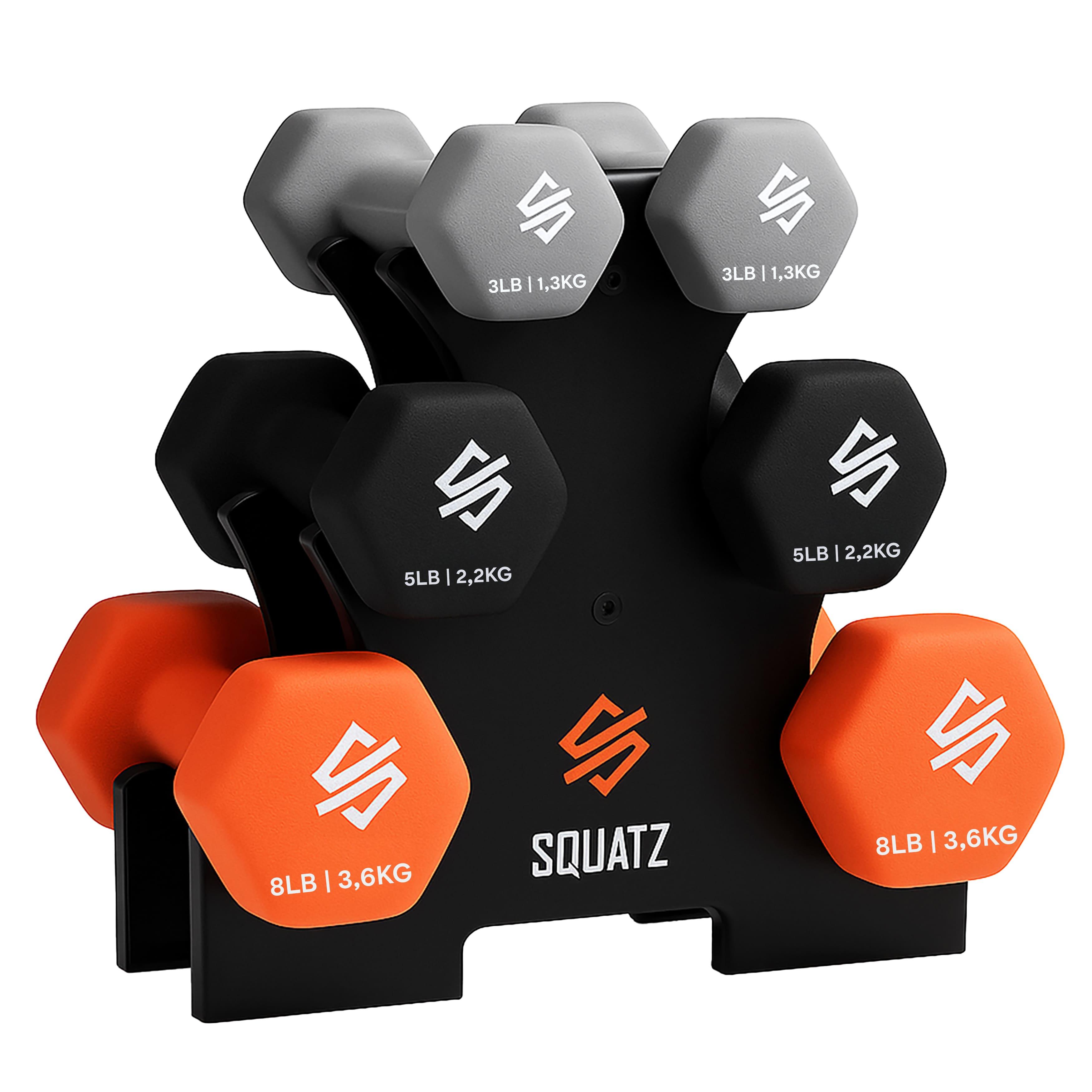 Image of Squatz Dumbbell Set For Women, Neoprene Dumbbells 1.4 Kg, 2.3 Kg, 3.6 Kg With Stand - Non-slip And Slip-resistant Grip For , Pilates And Strength Training