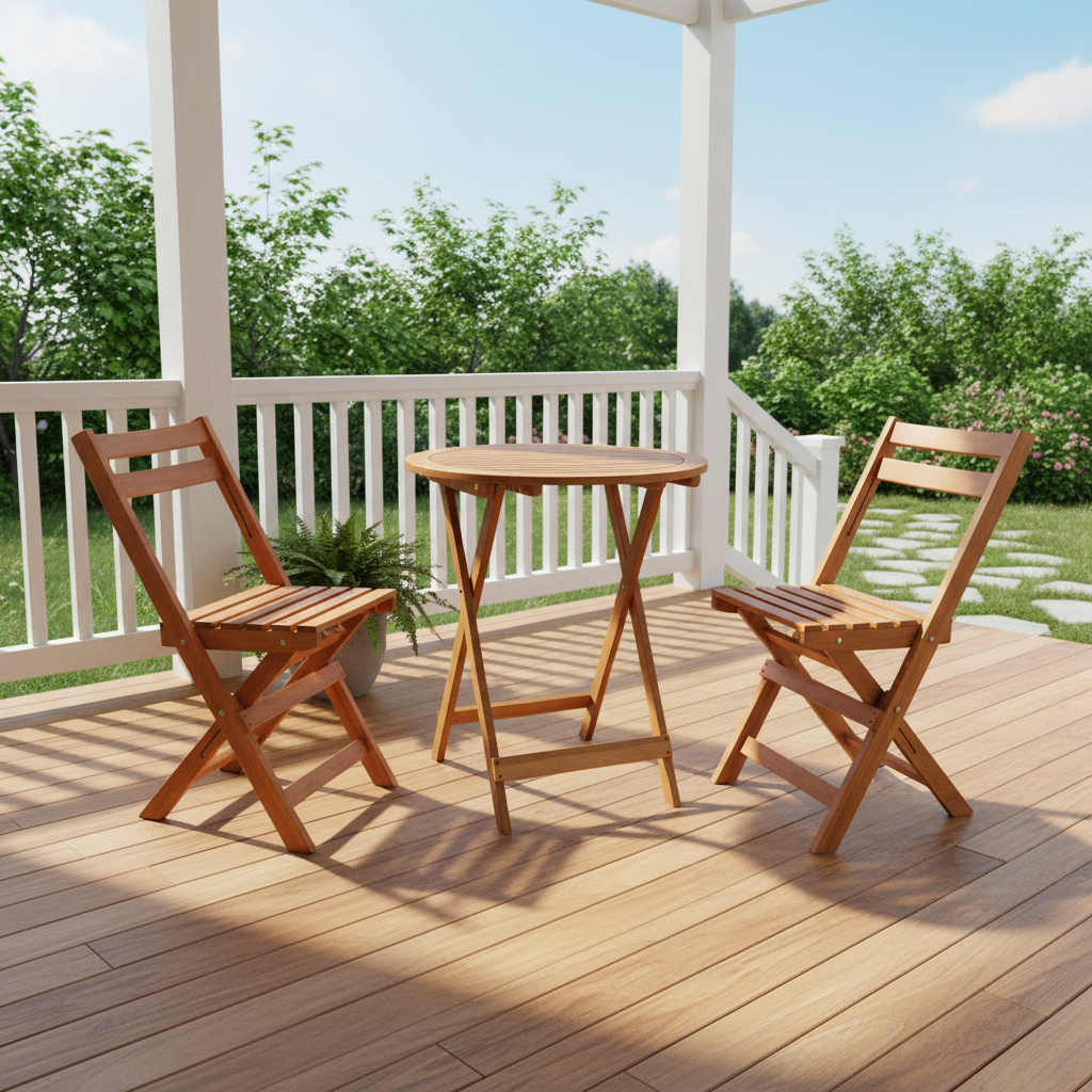 Foldable 3-piece Set, Solid Acacia Wood Table And 2 Chairs With Slatted Tabletop And Backrests
