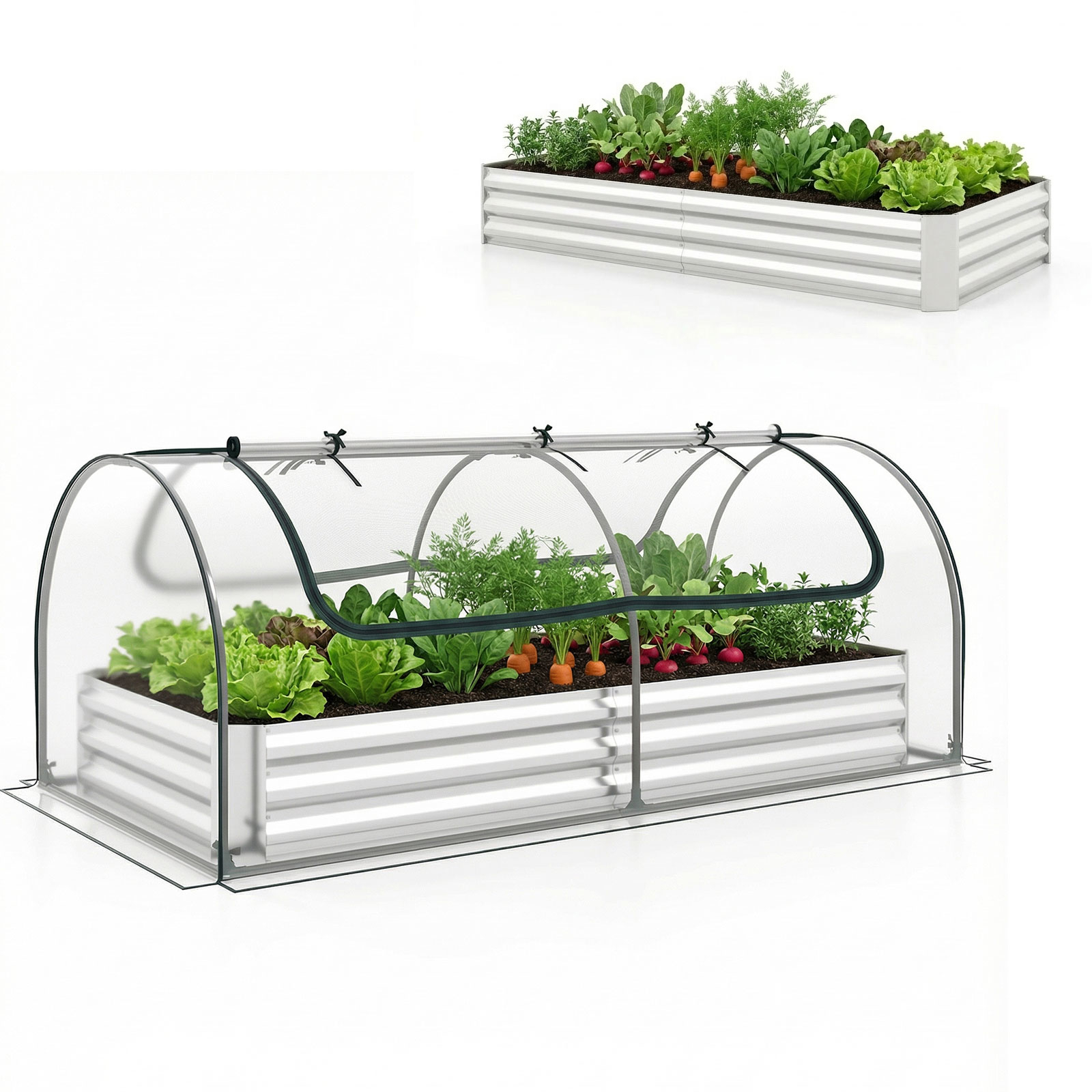 202 X 101 X 81 Cm Galvanized Raised Garden Bed With Greenhouse, Waterproof Garden Container With Greenhouse And 2 Roll-up Doors