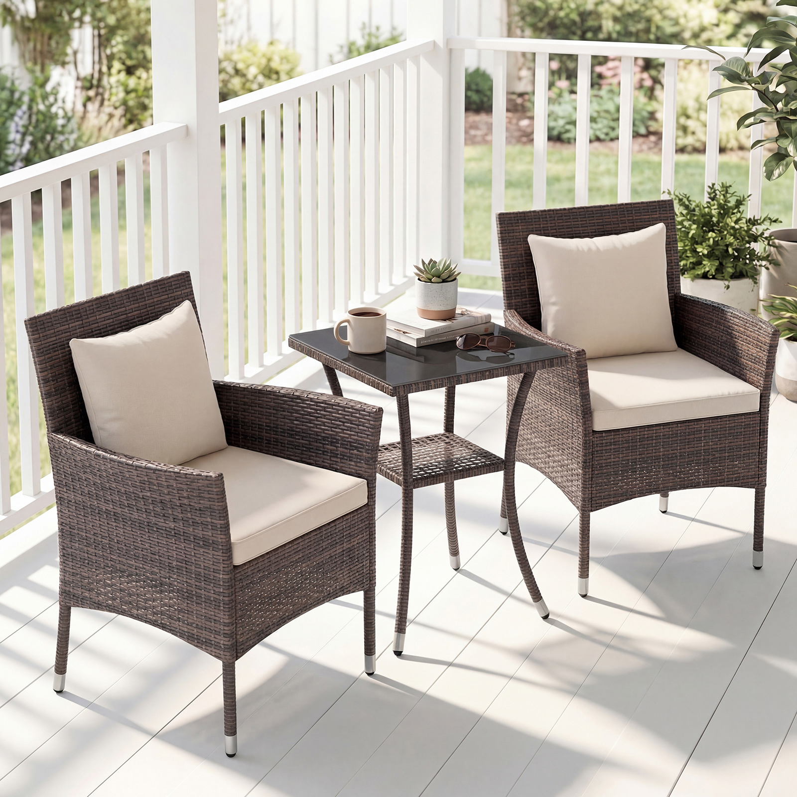 Image of 3pcs Patio Furniture Set, Rattan Bistro Chairs With 2-tier Tempered Glass Side Table, Soft Cushions