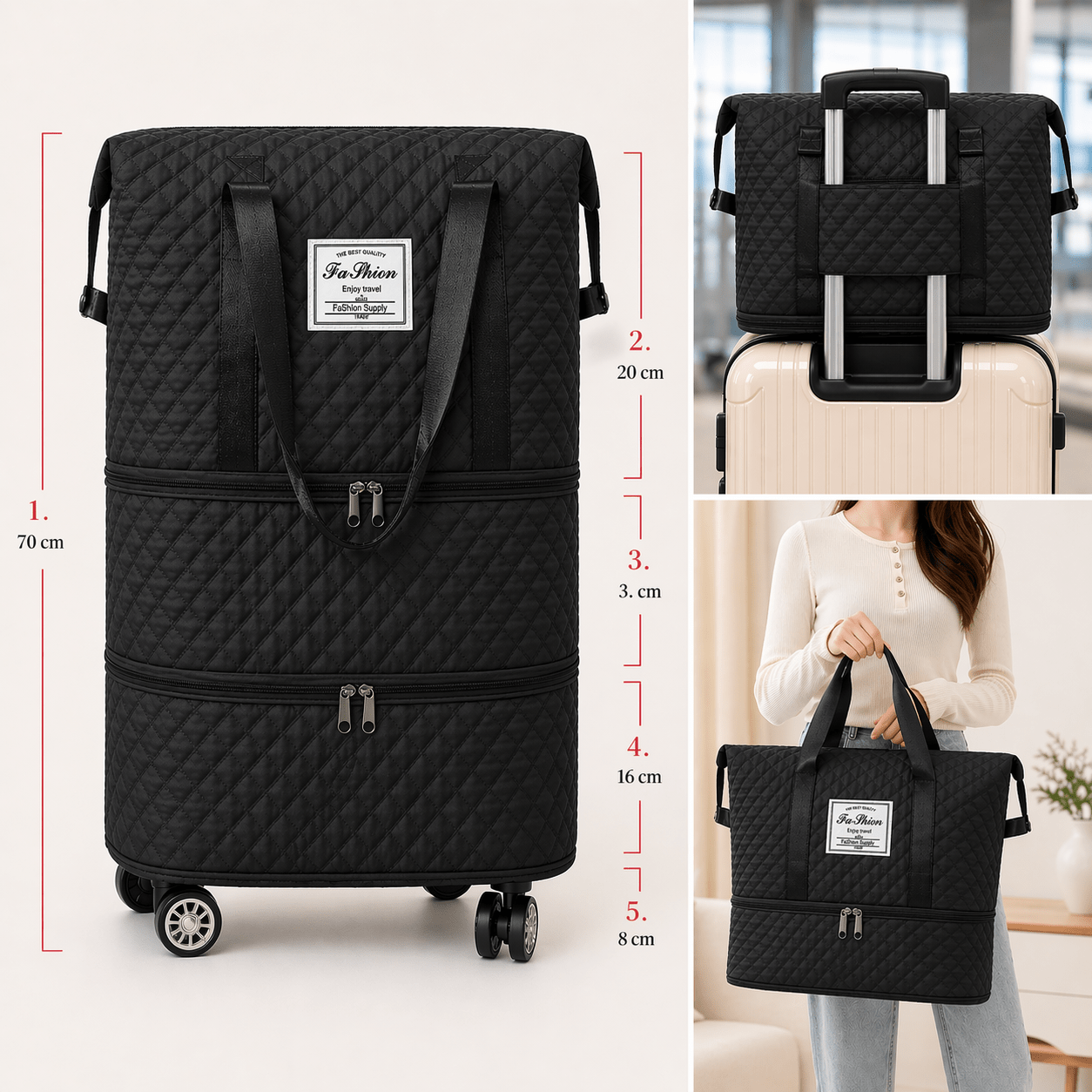 Image of Expandable Travel Bag With Large Capacity, Foldable Rolling Carry-on Luggage, Hand Luggage Separating Dry And Wet Items, Bag For Short Business Trips