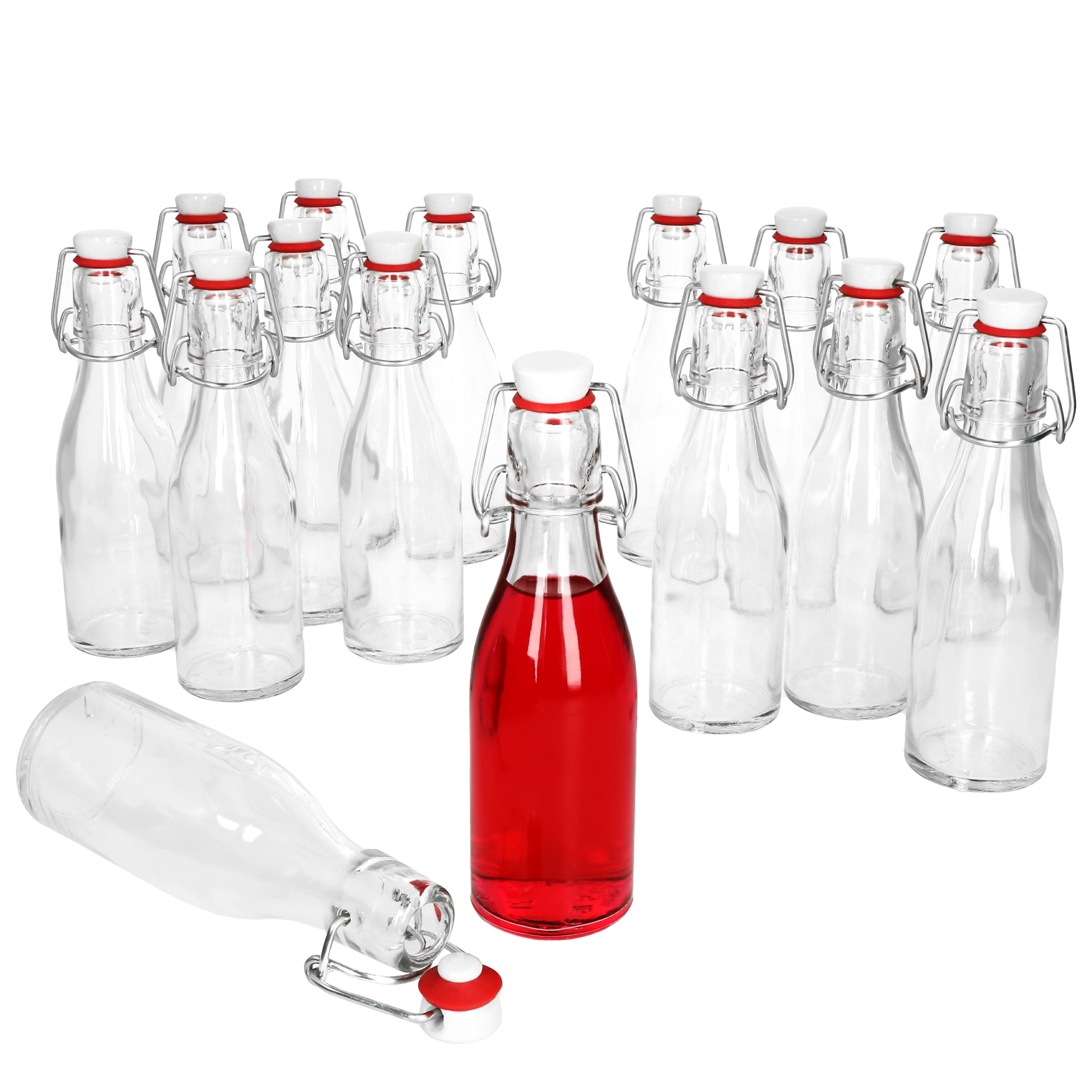 Image of 15x Round 200ml Iron-on Glass Bottles For Juice, Beer, , Liqueur, Vinegar, Oil With Wire Clips
