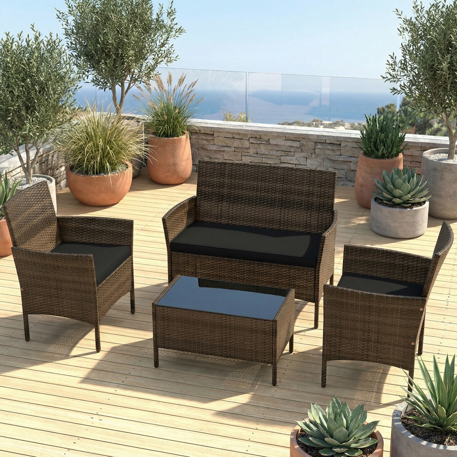 Image of 4pcs Patio Furniture Set, Outdoor Pe Wicker Conversation Set With Washable Cushions And Tempered Glass Coffee Table