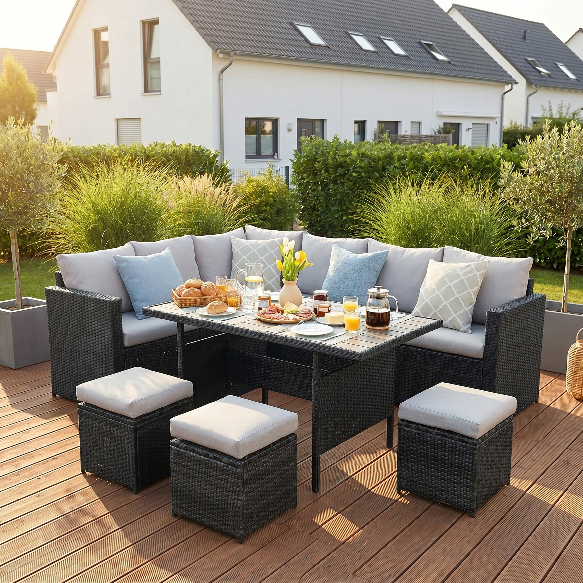 TEMU Attention 7pcs. Lounge Set, 9-person Garden Furniture Set, Balcony Furniture Made Of Pe-polyrattan With Weather-resistant Dining Table, Outdoor