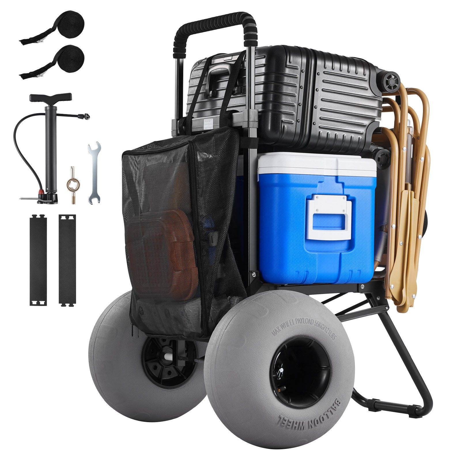 Vevor Beach Dolly With For Sand, 18" X 15" Cargo Deck, Folding Sand Cart With 12" Balloon Wheels, 165 Lbs Loading Capacity & 34" To 45" Adjustable Height, Heavy Duty Cart For Beach Camping