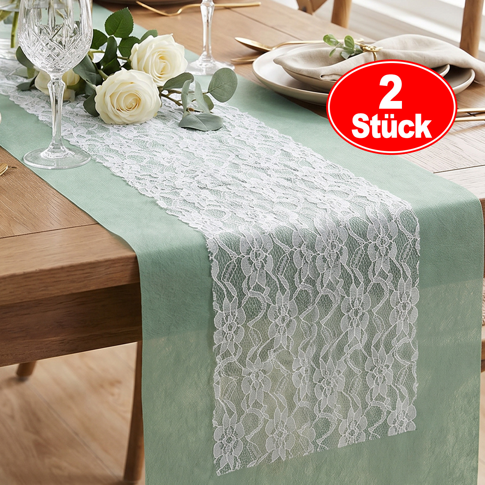 E-shop 2 Stück Tischläufer Set, Weißer Spitze & Eukalyptus Grün Tischläufer, 15 cm x 22 m & 30 cm x 25 m, für Feierlichkeiten-Tischdecken