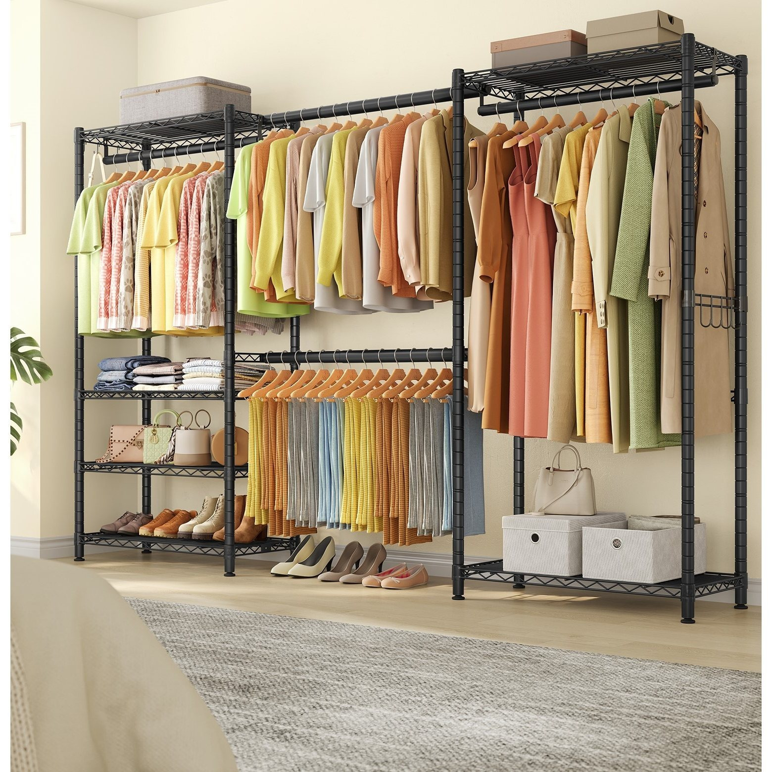 Image of Clothes Rack With Hooks, Open Wardrobe, Adjustable Shelves, For Bedroom, Extendable, Black