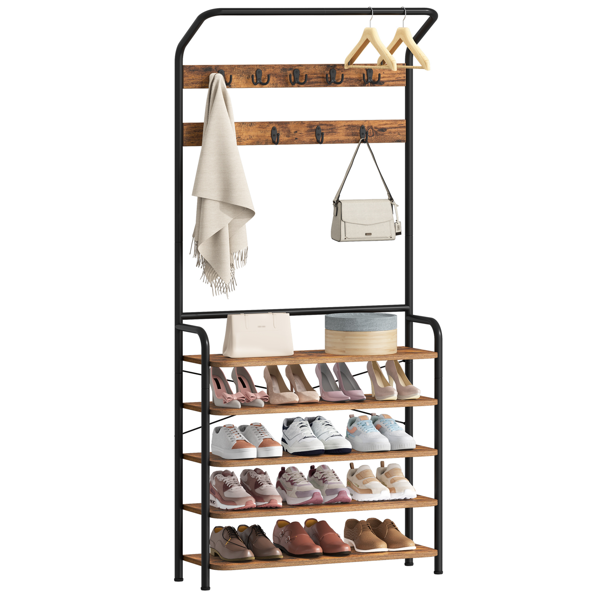 Image of Coat Rack, Wardrobe With 5 Shelves, 1 Clothes Rail, 9 Hooks, Adjustable, Freestanding Clothes Rack For Hallway, Entrance, 30 X 78.5 X 195 Cm, -black