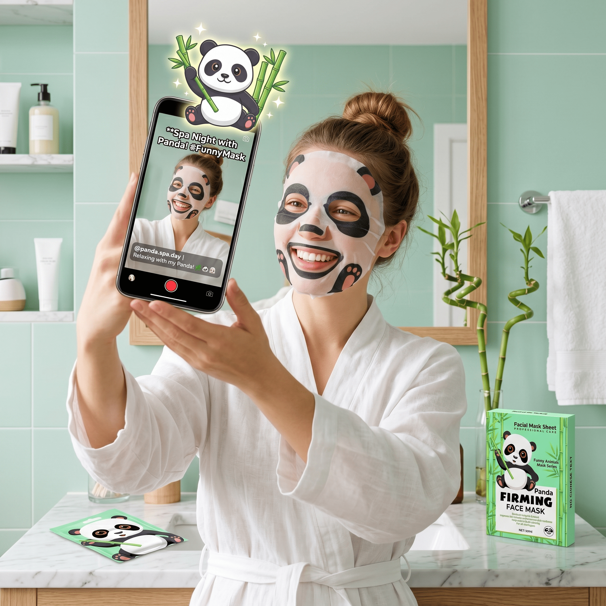 Image of Panda Firming Sheet Mask, Hydrating Facial Mask With Bamboo Extract, Lifts & Tones Skin, Funny Animal Masks For Types