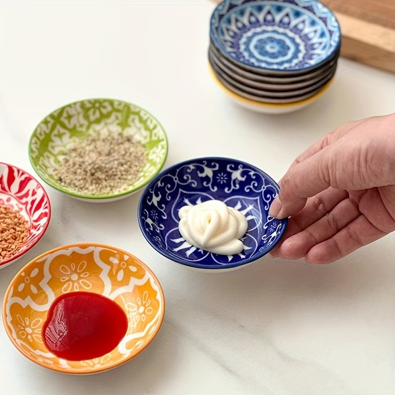 TEMU 10pcs Ceramic Seasoning Plate, Bohemia Plate, Sauce Dish,random Colors And Patterns, Household Soy Sauce Vinegar Spices Plate, Soy Sauce Dish,
