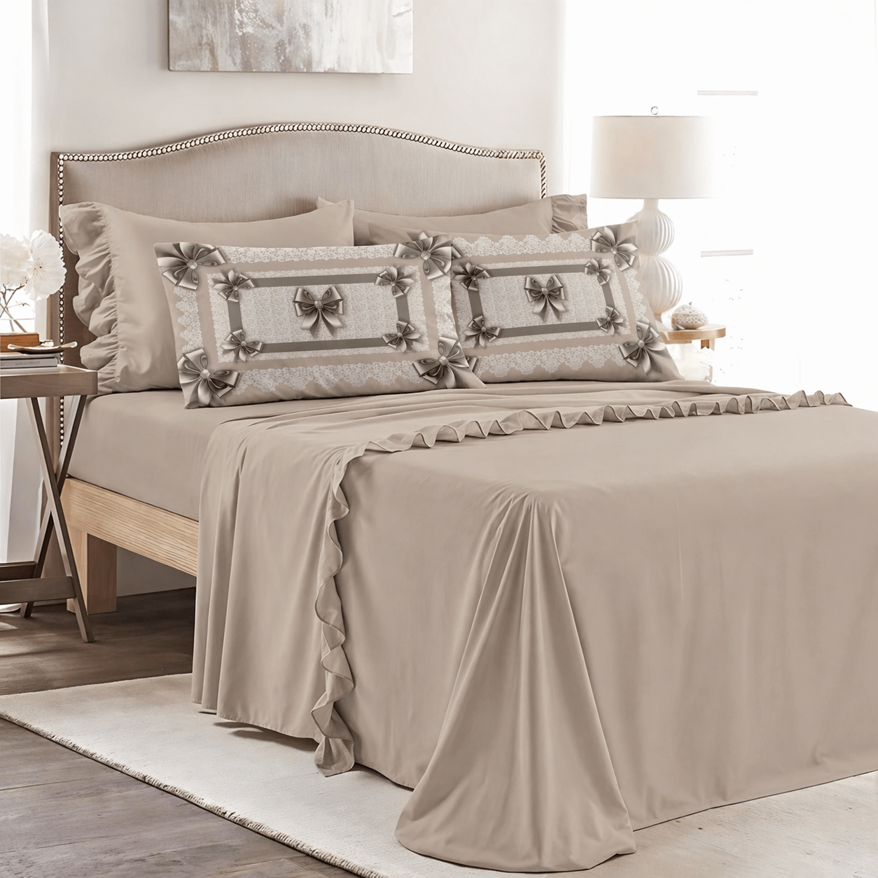TEMU Bed Sheet Set, 4 Pillowcases, Elegant Digital Bow Print, Soft Bedroom Bedsheets