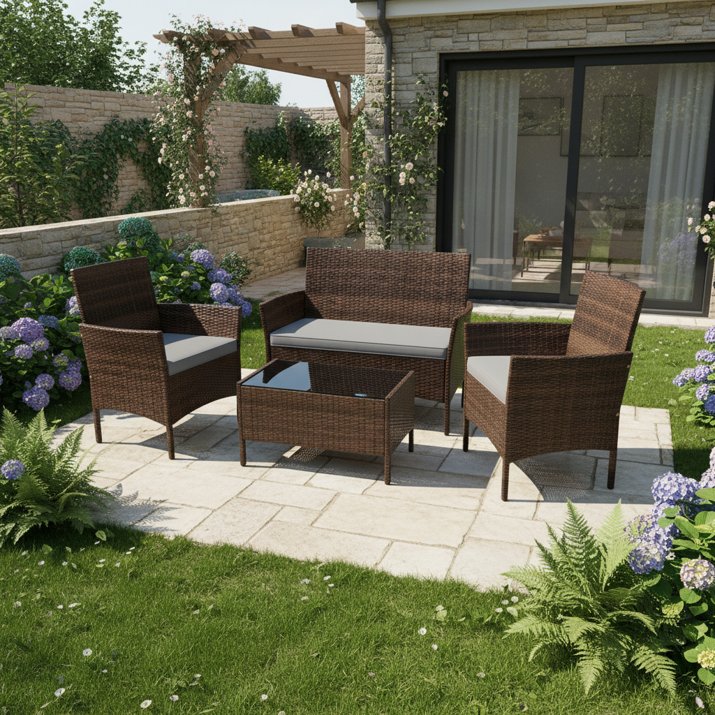 4pcs Patio Furniture Set, Outdoor Pe Wicker Conversation Set With Washable Cushions And Tempered Glass Coffee Table