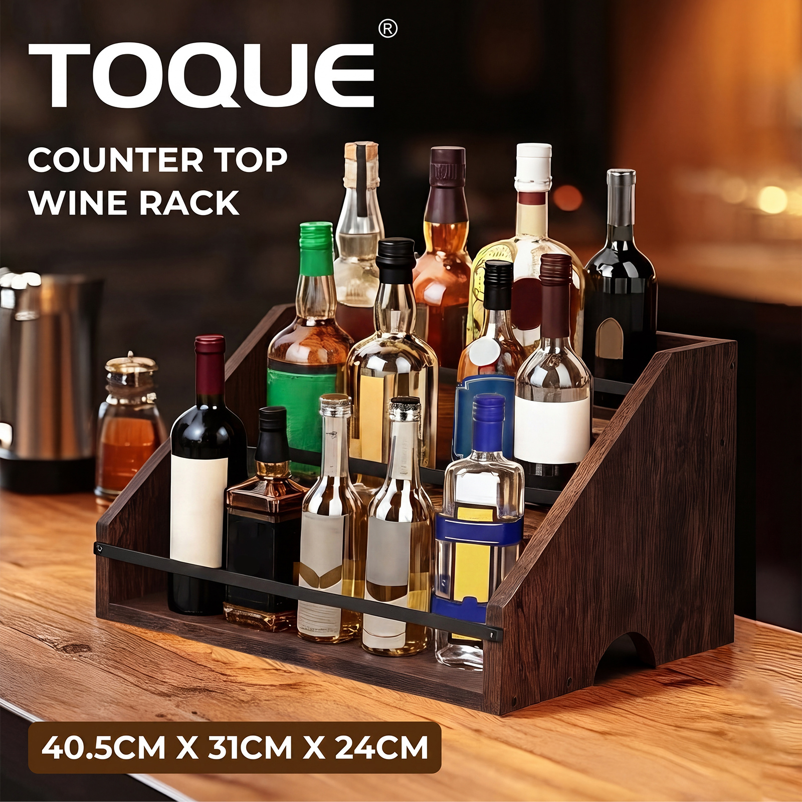TEMU Toque 3-tier Countertop Wine Rack With Safety Guard Rails, Shelf For Liquor & Wine Bottle Storage, 40.5x31x24cm Vintage Wood & Metal Frame For