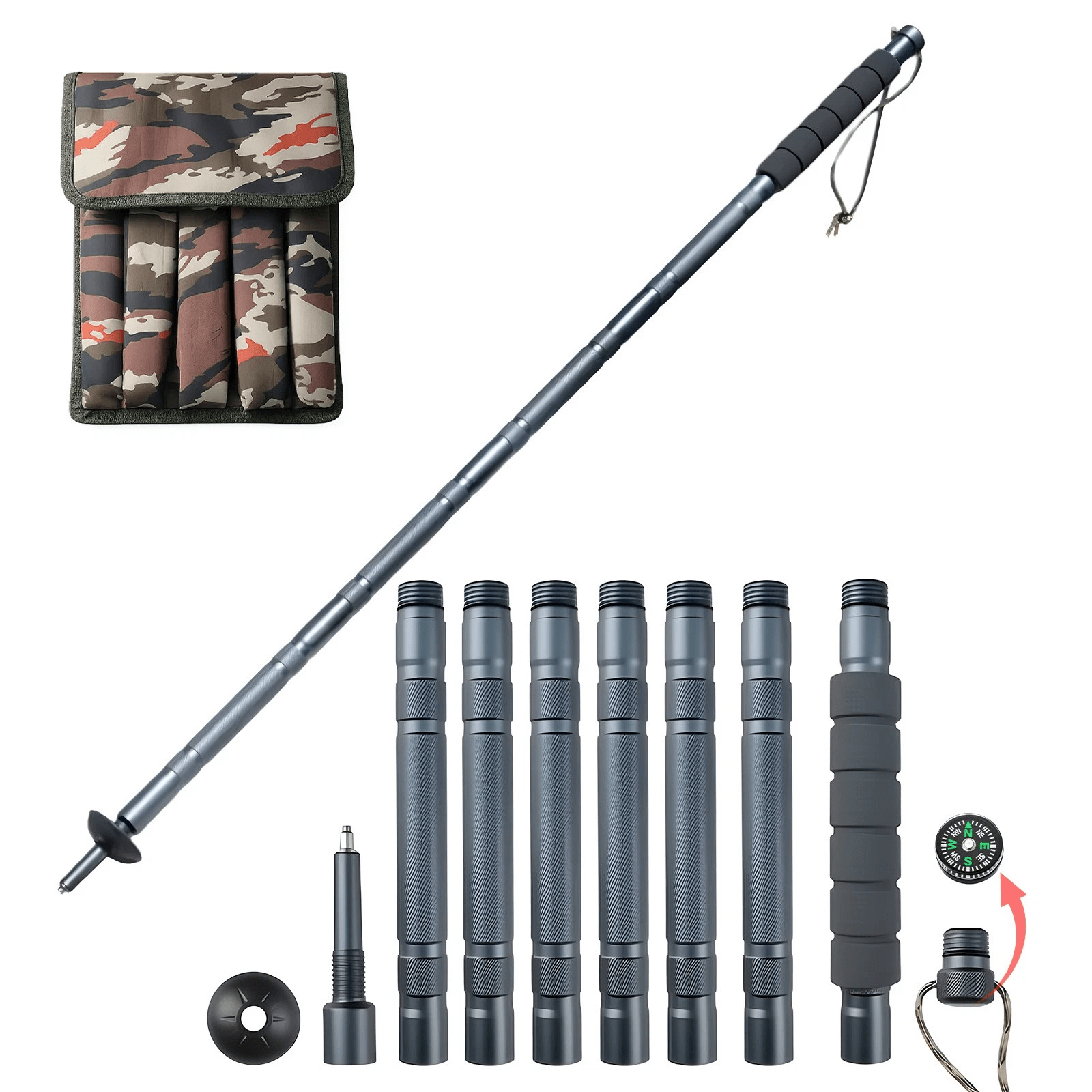 TEMU Aluminum Alloy Tactical Hiking Stick – 7-piece Walking Stick With Compass, Screwdriver & Whistle, Tip, Carry Pouch For Trail, Travel & Everyday