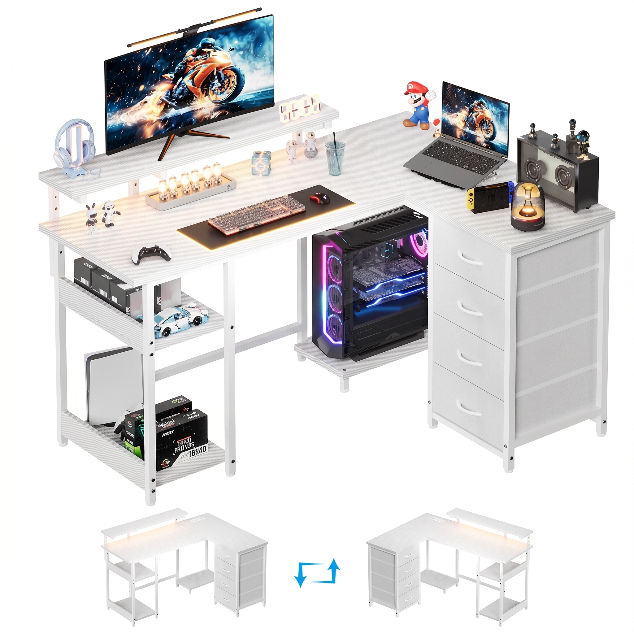 L-shaped , Reversible, With 4 Drawers, Monitor Stand, Shelves, And Pc Holder, Multifunctional Table For Office, Gaming, And Learning, 135cm X 100cm