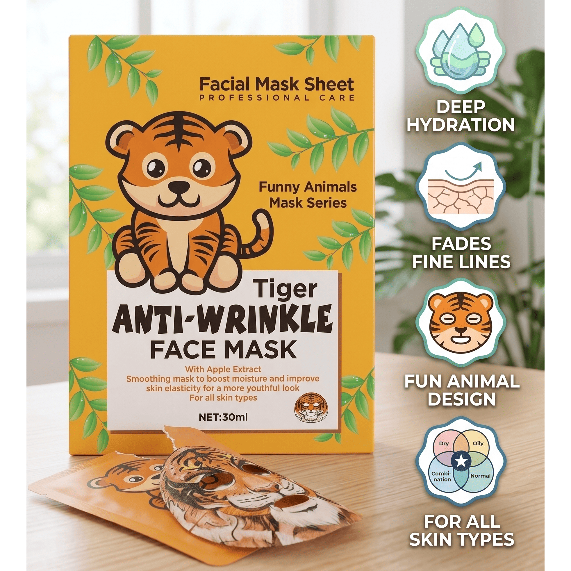 Image of Funny Tiger Face Mask Sheet Set, Anti-wrinkle & Deep Hydration Skincare, Collagen & Extract Facial Mask For Women
