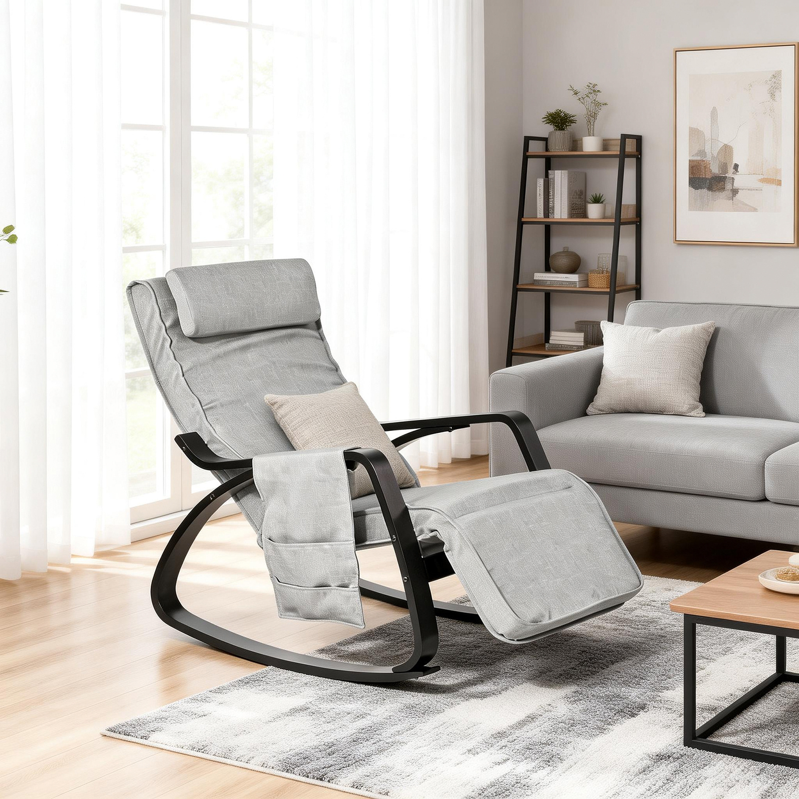 TEMU Silla Mecedora Relax Sillón Reclinable Reposapiés Ajustable 5 Posiciones Reposacabezas Bolsillo Lateral Confort Tela Estructura Estable Para