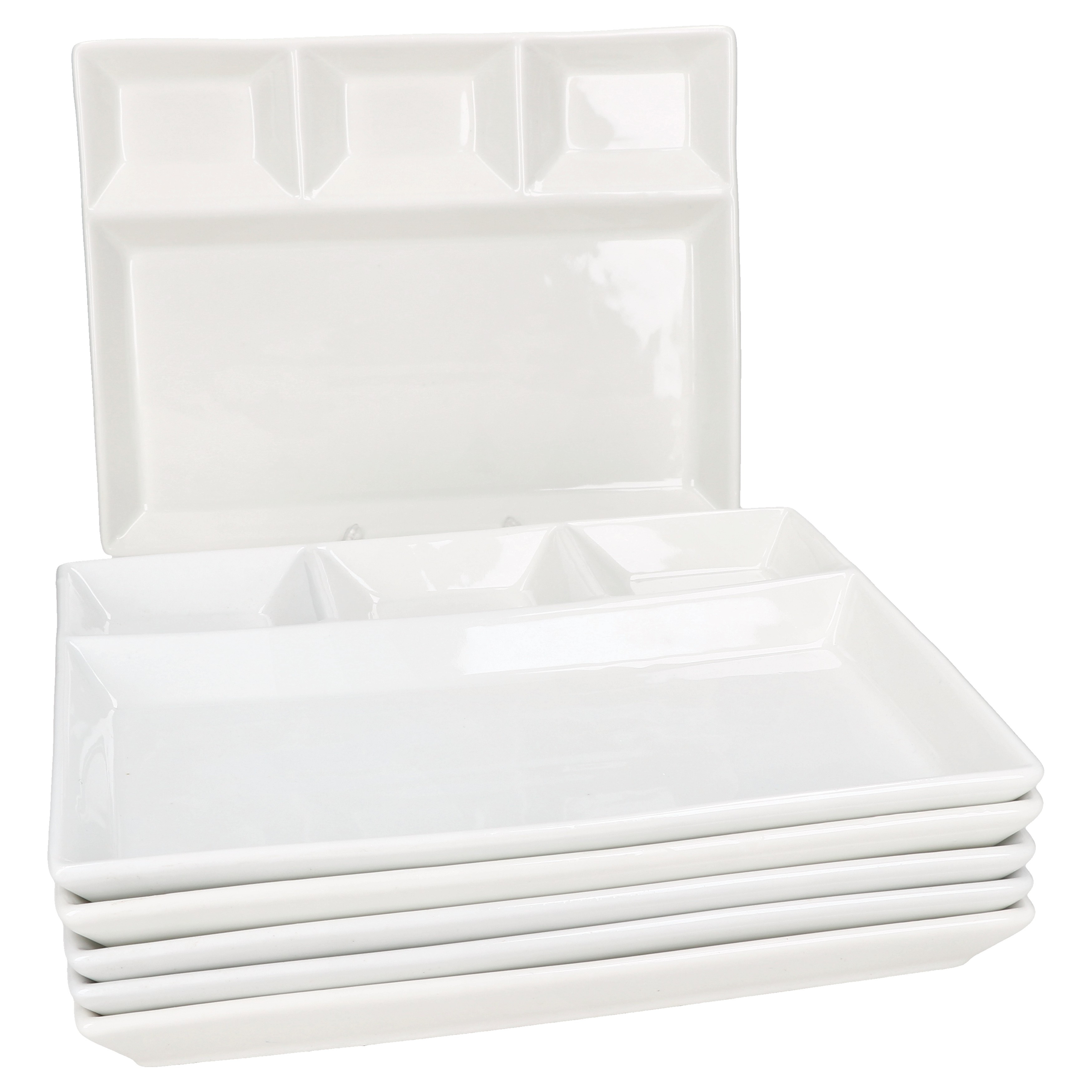Image of 6-piece Set White Porcelain Fondue Plates 23x18 Cm With 4 Compartments For Dipping
