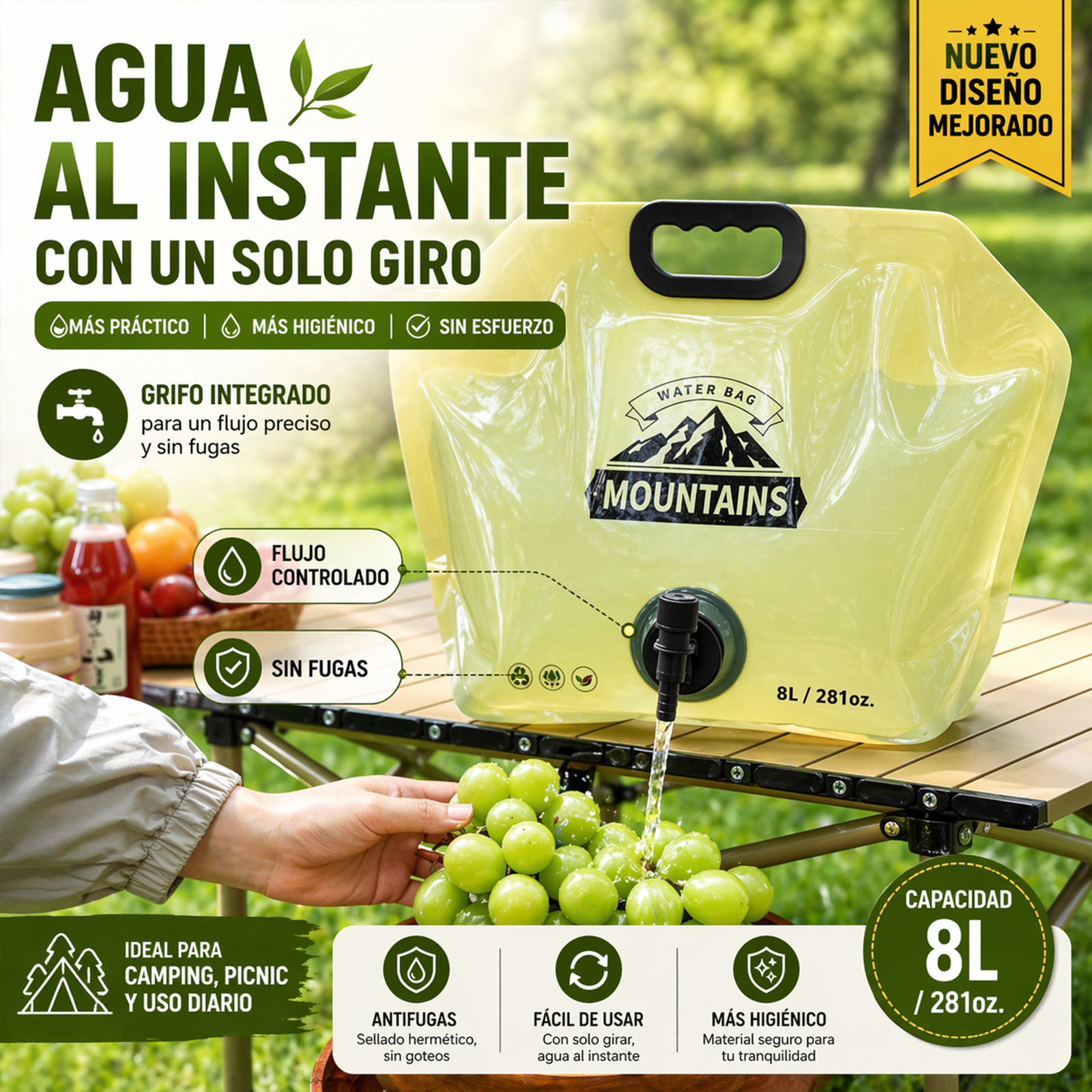 TEMU Bolsa de Agua Plegable 8L Portátil | Grado Alimenticio Sin BPA con válvula dispensadora | Depósito de Agua Reutilizable para Camping Viaje