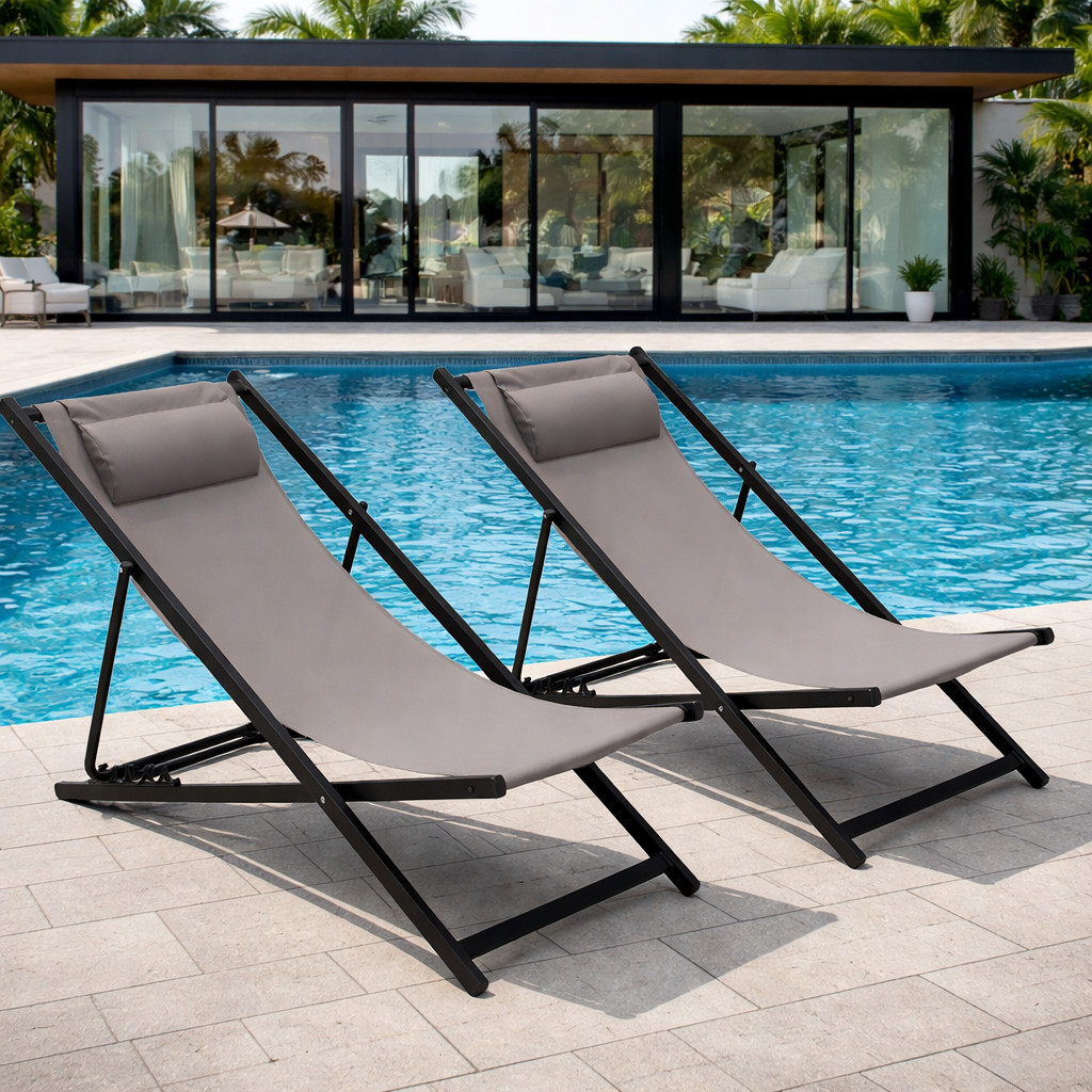 Deck Chair, Aluminum + Gray Artificial Fabric, 2pcs