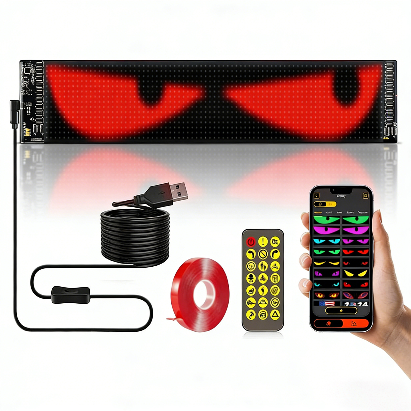 E-shop Programmierbarer, per App steuerbarer LED-Flexibildschirm mit Fernbedienung, dynamischen Augenmotiven & Lauftext, 120 x 595 mm