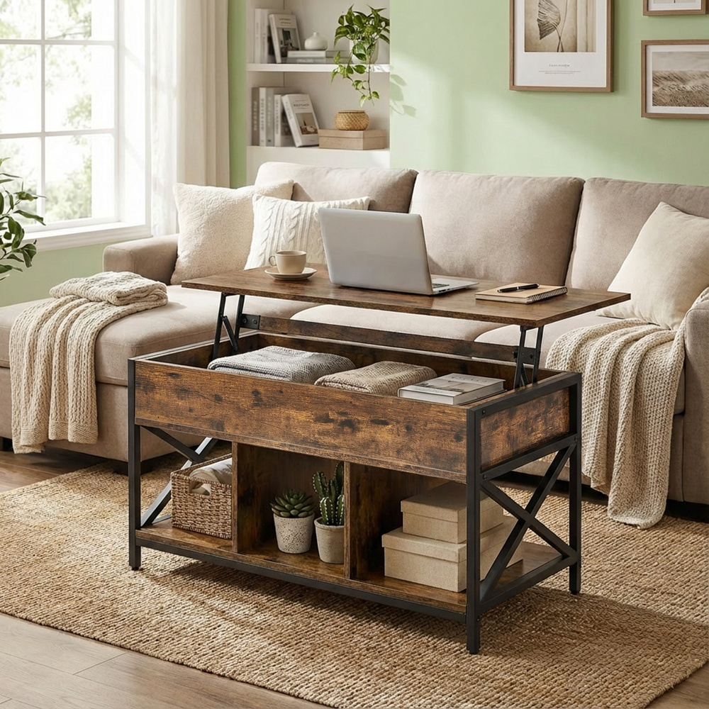 Image of Coffee Table, Height-adjustable Living Room Table, With Hidden Storage Space And Open Shelves, , 50 X 100 X (46.5-62) Cm, /black