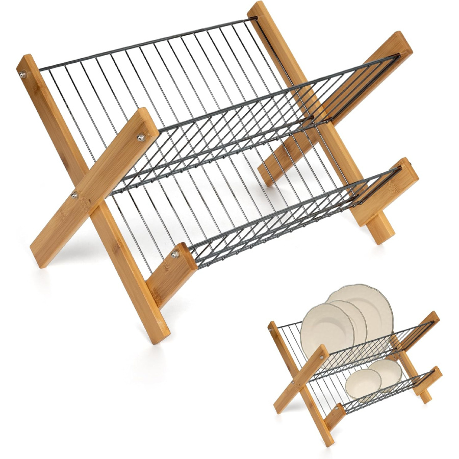 TEMU Escurridor Plegable | Estante de Almacenamiento de Cocina con Soporte | de Bambú y Metal, Plegable, Compacto y Portátil, Adecuado para Encimeras
