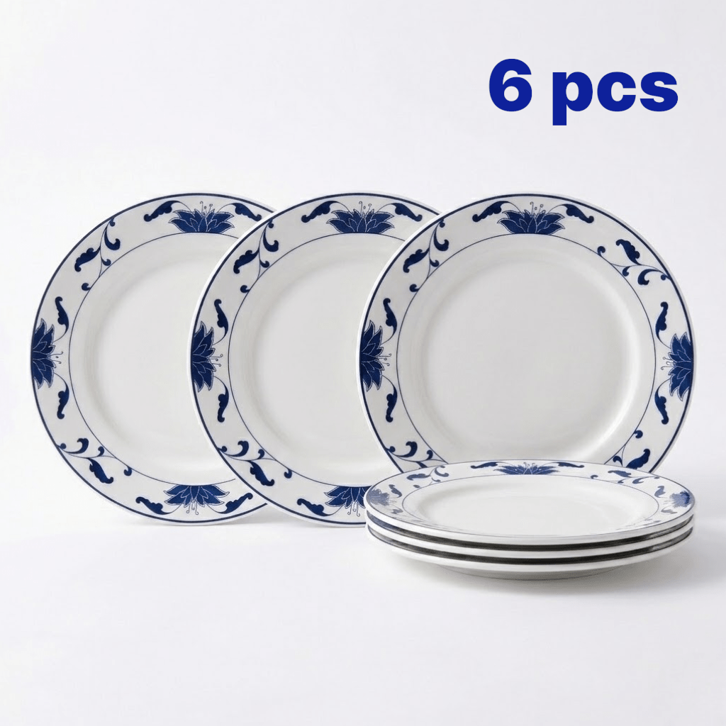 6pcs Set Of Porcelain Dinner Plates, (10.25"), Blue And White Floral Pattern, Flat Plates For Dinner.