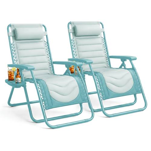 set of 2 padded premium heavy duty quilted zero luxurious garden recliners adjustable headrest cup phone holder foldable easy to clean patio sun loungers