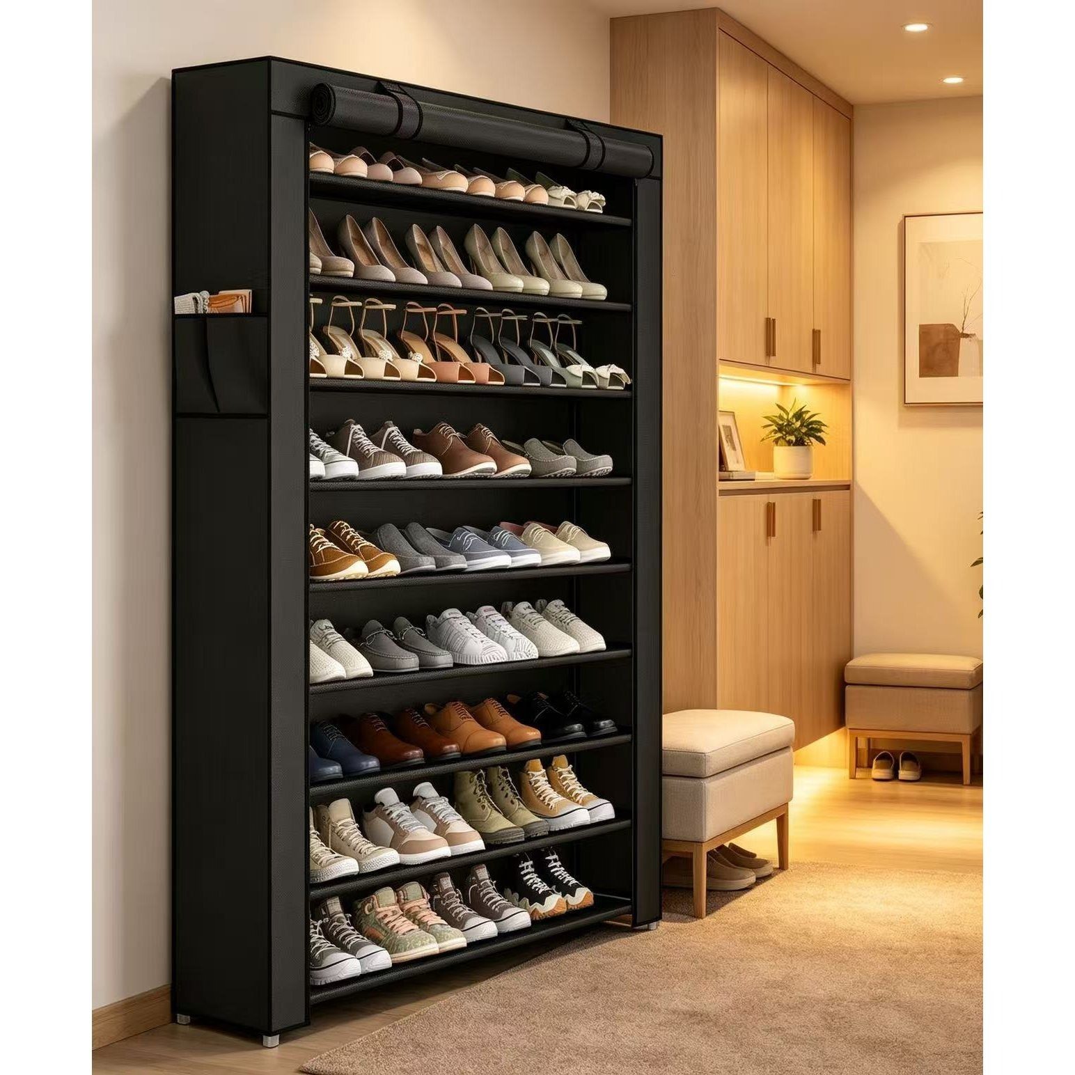 TEMU Étagère à chaussures à compartiments, armoire de rangement, avec housse de protection, pouvant contenir 40 à 50 paires de chaussures