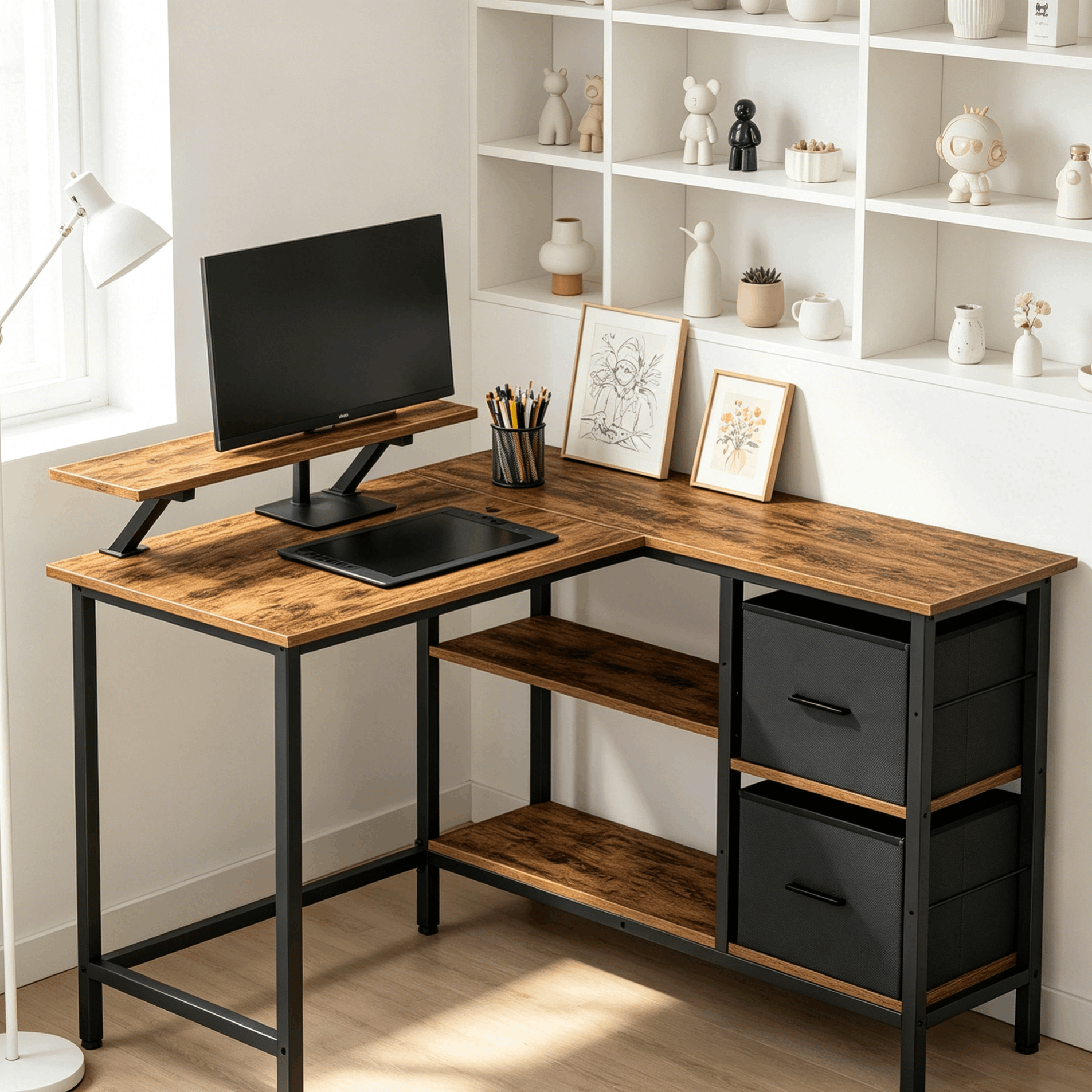 TEMU Bureau en L, avec 2 tiroirs spacieux, support pour écran, angle arrondi et étagère réglable en hauteur, idéal pour , couleur marron